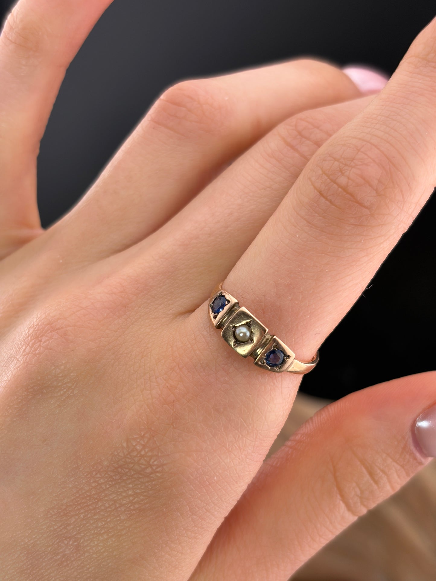 Antique 15K, Sapphire & Seed Pearl Ring