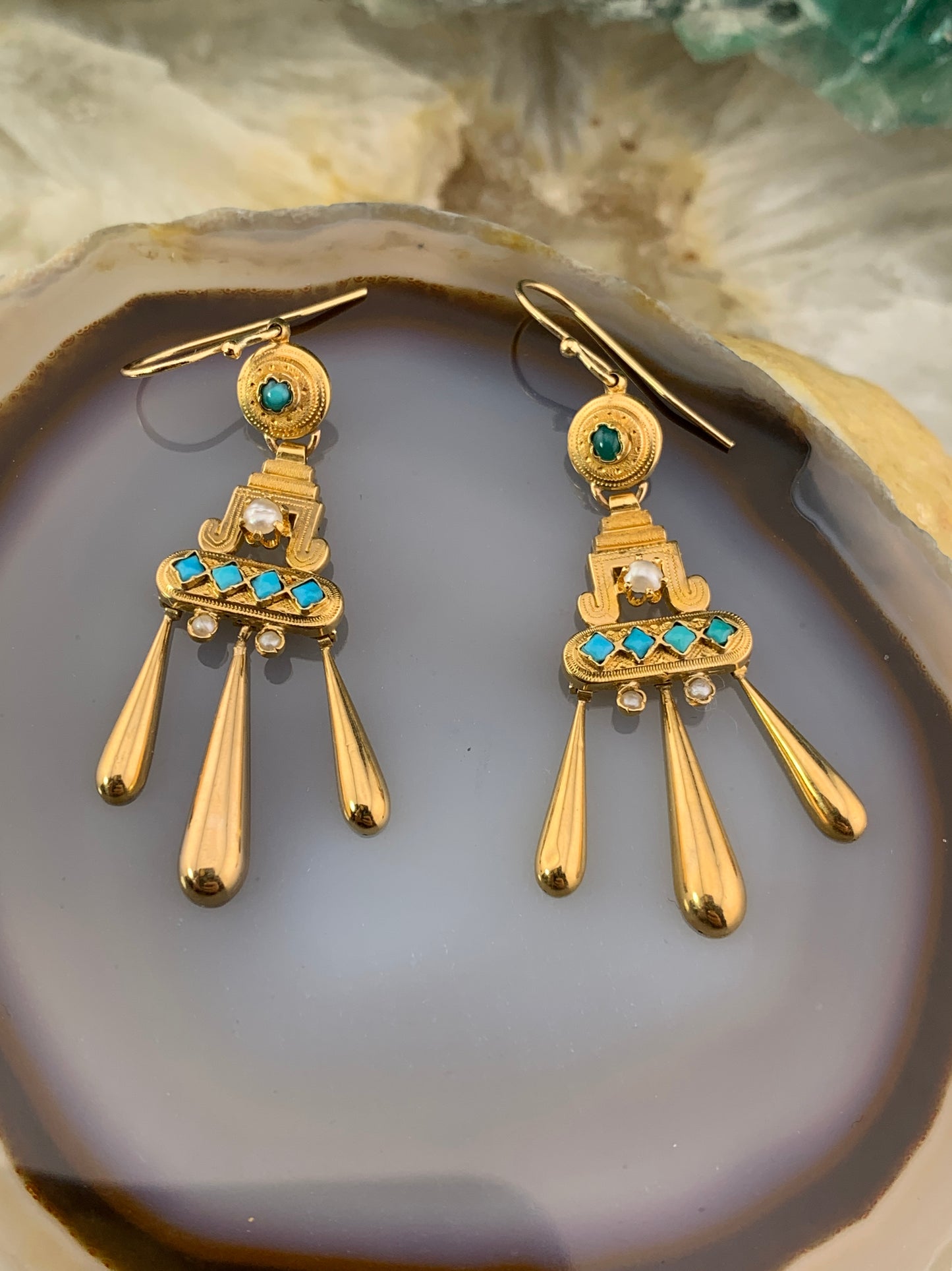 Antique Archaeological Revival French 18K, Turquoise & Seed Pearl Earrings