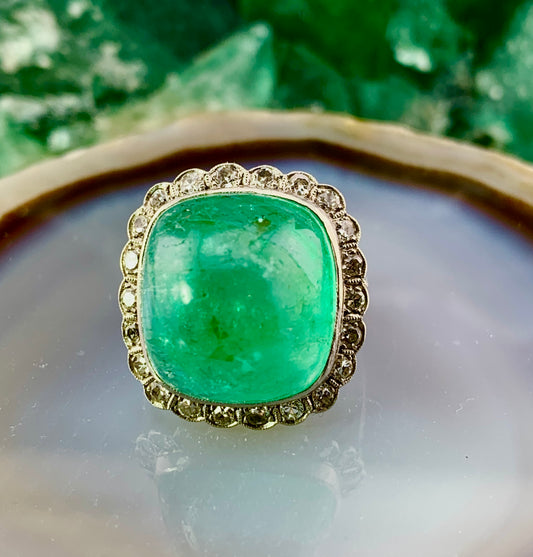 Antique Platinum, Diamond & Brazilian Emerald Cocktail Ring
