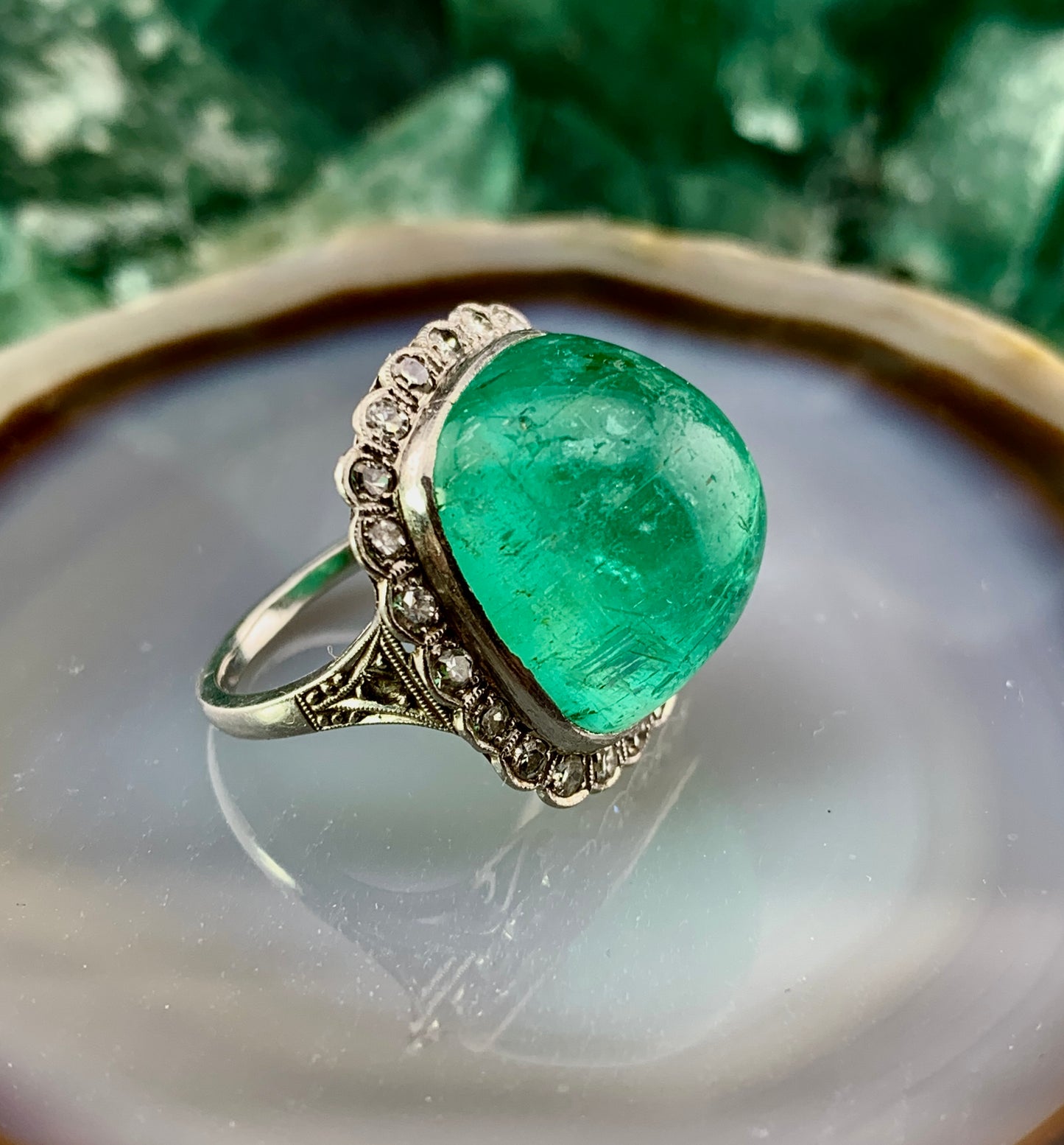 Antique Platinum, Diamond & Brazilian Emerald Cocktail Ring