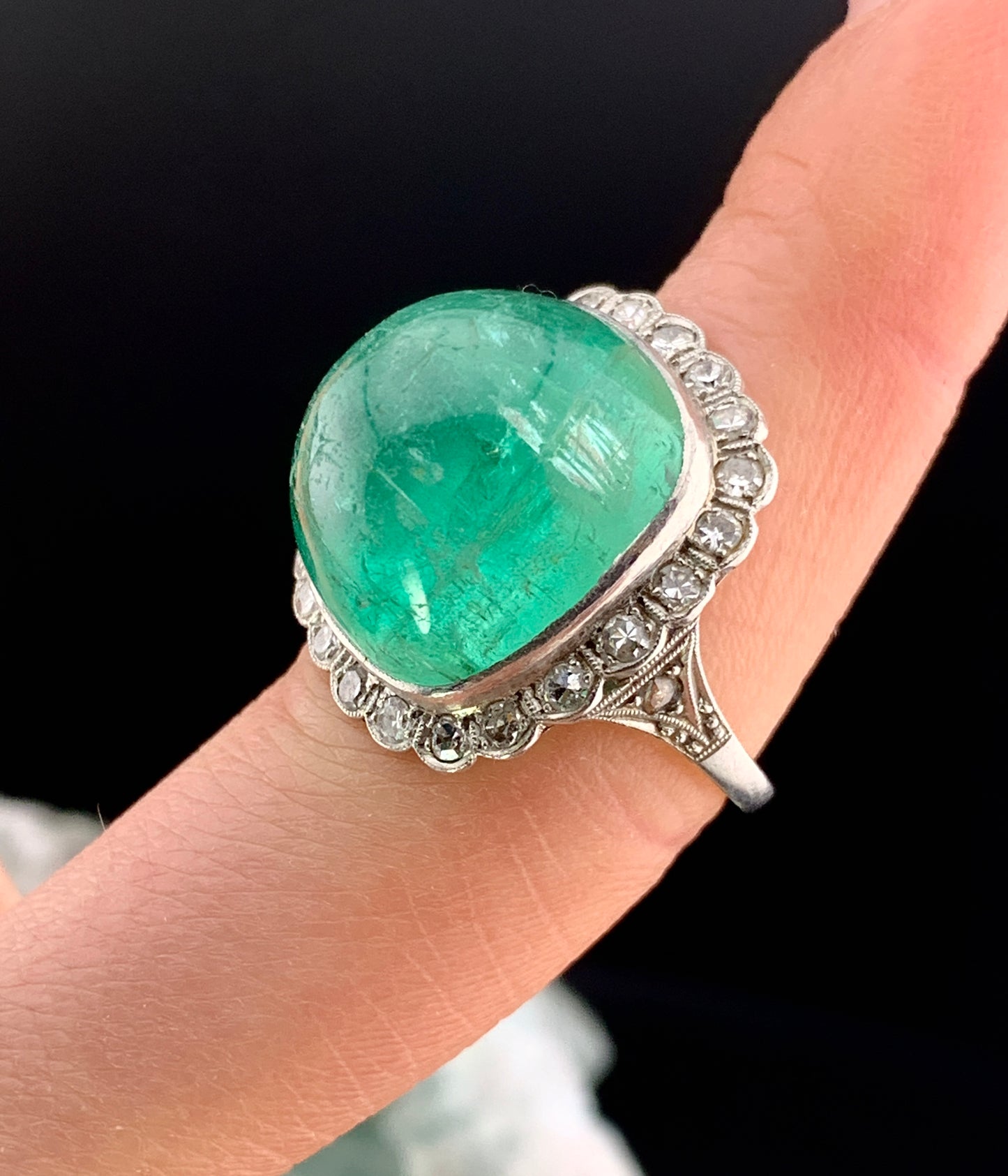 Antique Platinum, Diamond & Brazilian Emerald Cocktail Ring