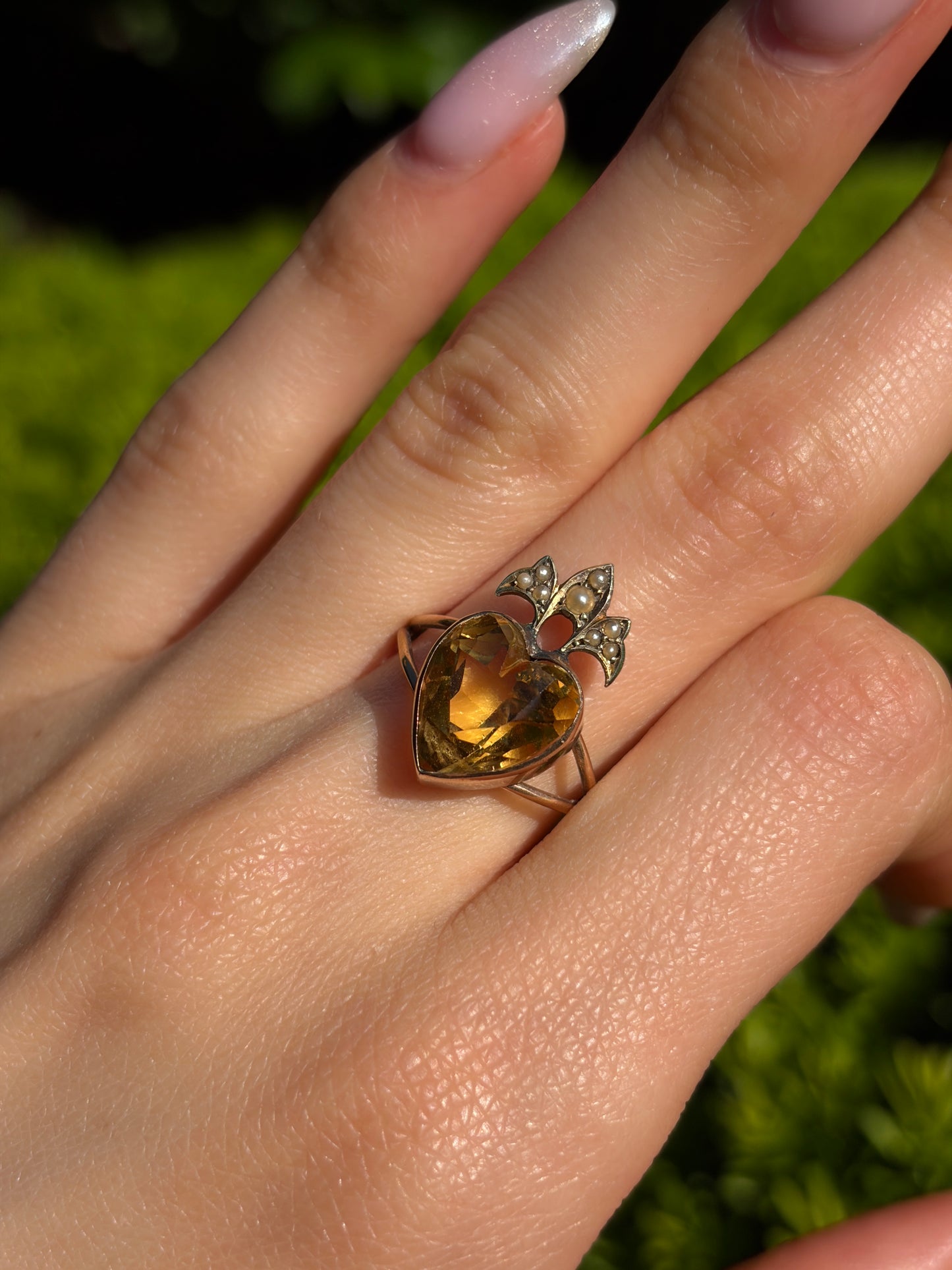 Antique 14K, 9K, Citrine & Seed Pearl Heart Crown Conversion Ring