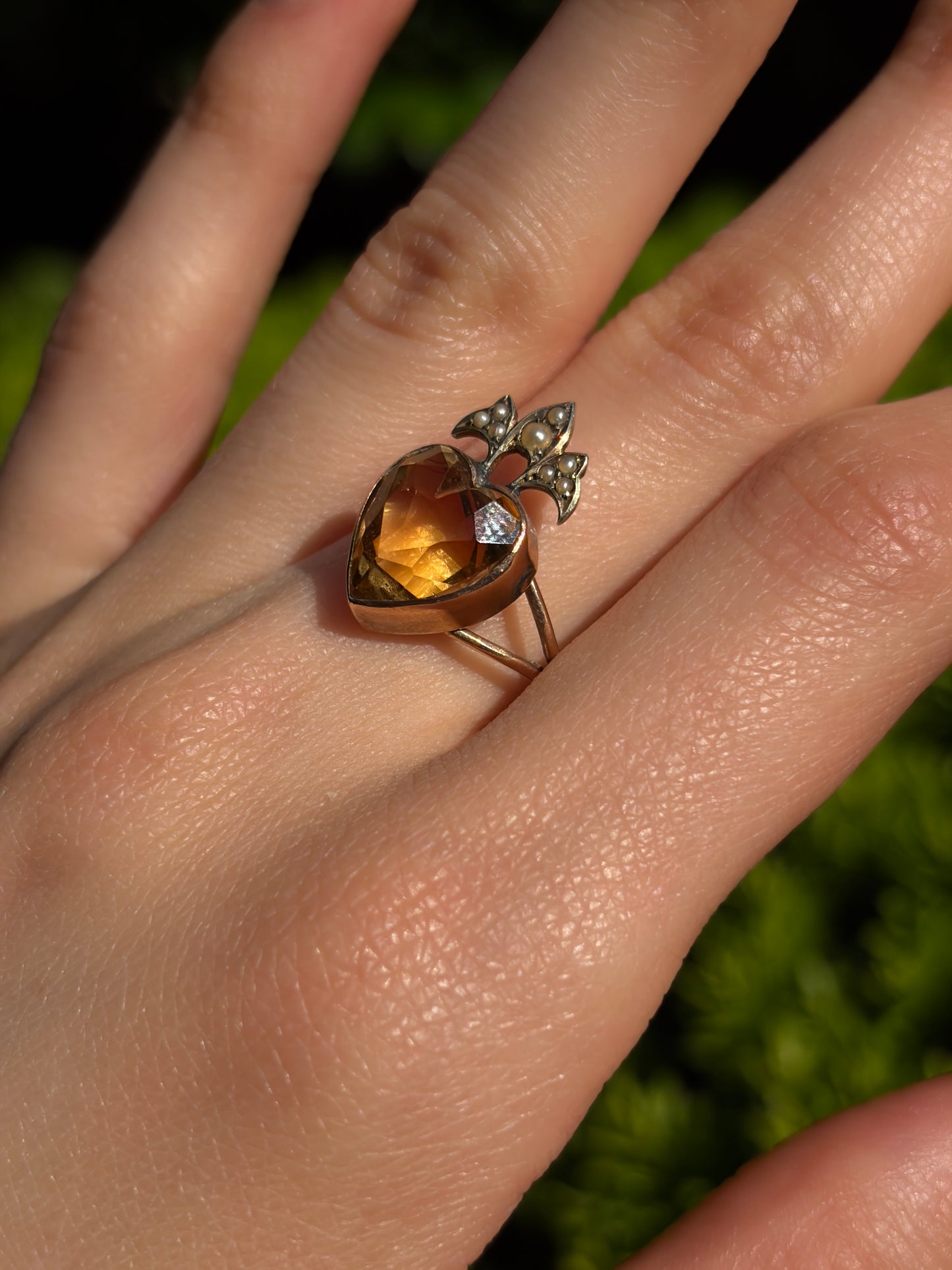 Antique 14K, 9K, Citrine & Seed Pearl Heart Crown Conversion Ring