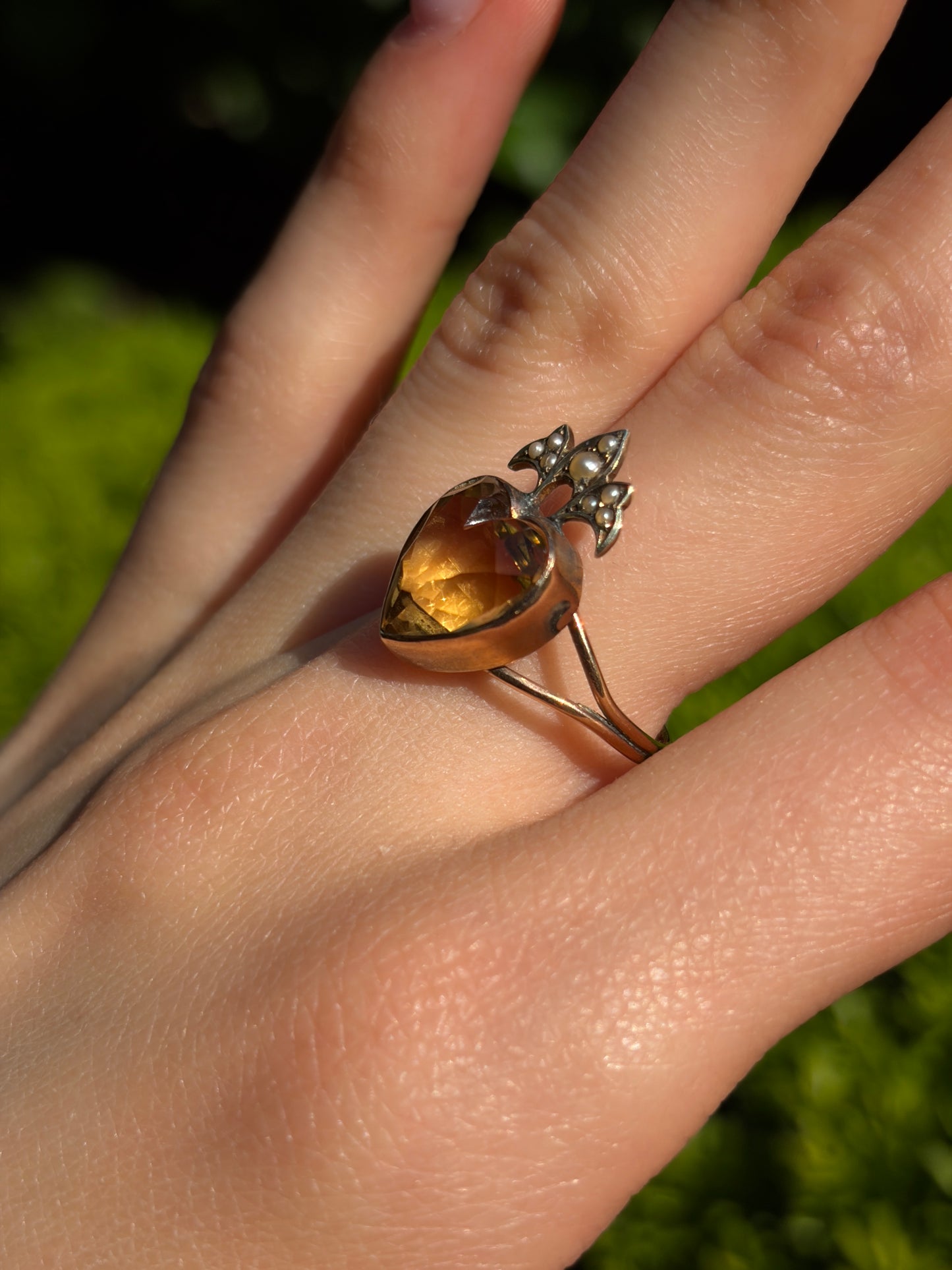 Antique 14K, 9K, Citrine & Seed Pearl Heart Crown Conversion Ring
