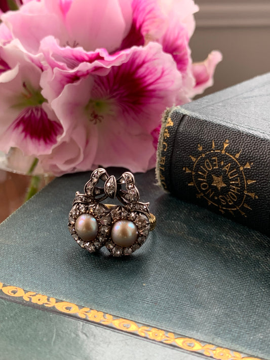 Antique 22K, Silver, Diamond & Pearl Double Heart Ring