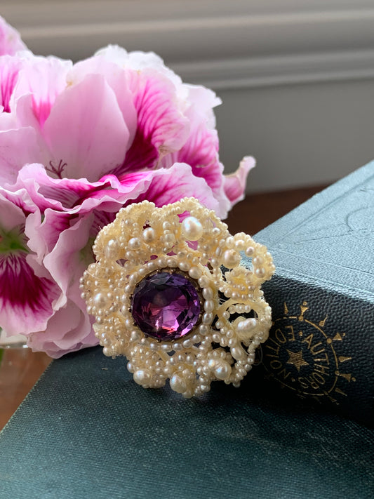 Antique Amethyst & Seed Pearl Weddingwork Brooch