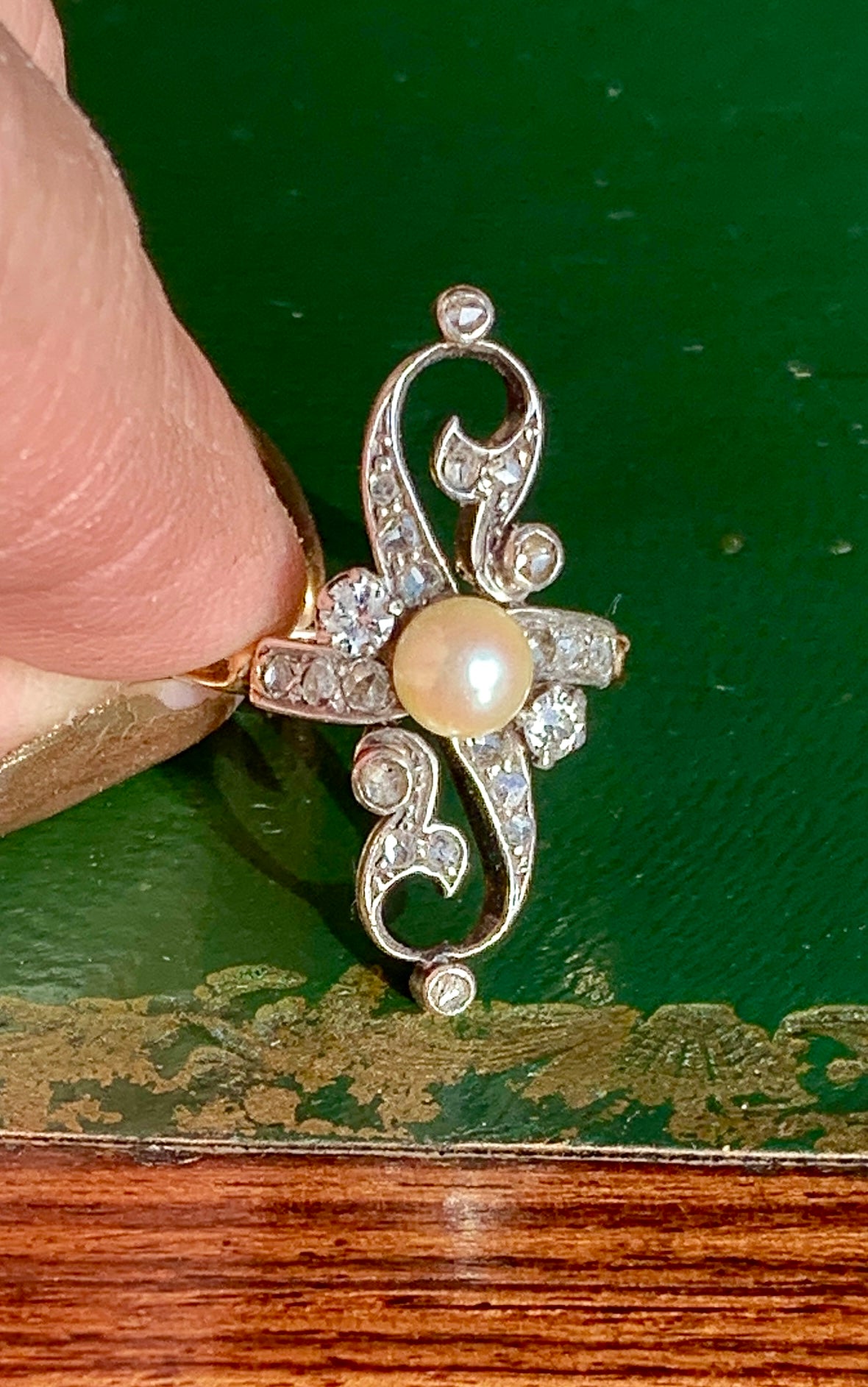 SOLD Antique 18K & Silver French Art Nouveau Ring w/Diamonds & Pearl