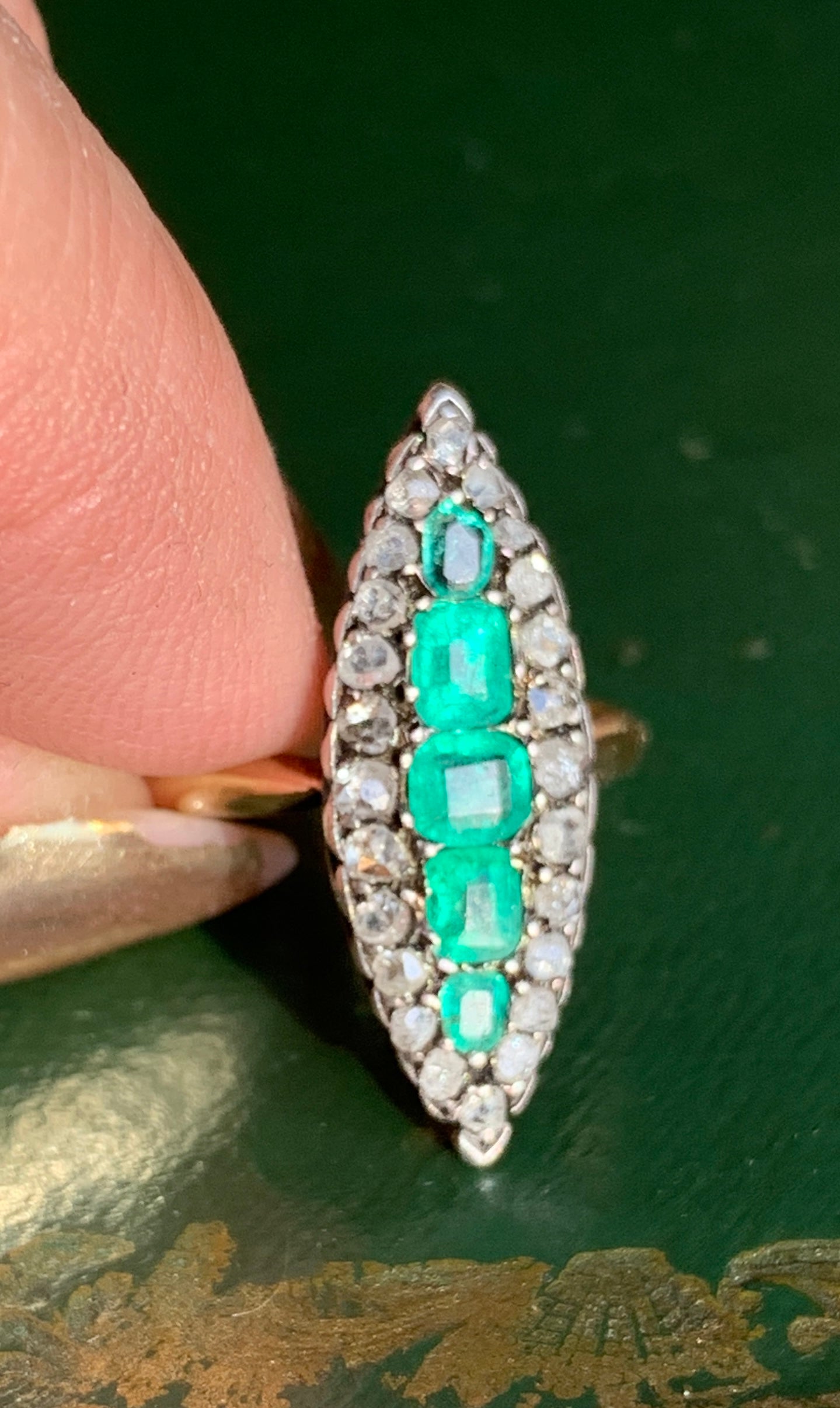 SOLD  Antique 18K & Silver French 19th Century Emerald & Diamond Navette Ring