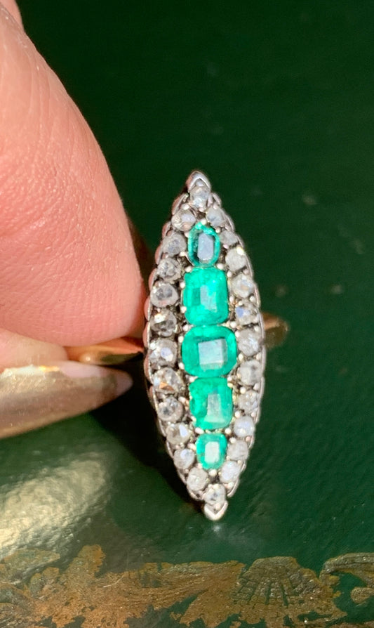 SOLD  Antique 18K & Silver French 19th Century Emerald & Diamond Navette Ring