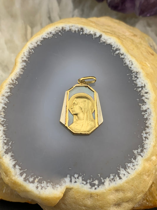 Vintage 18K & Mother Of Pearl Virgin Mary Medal