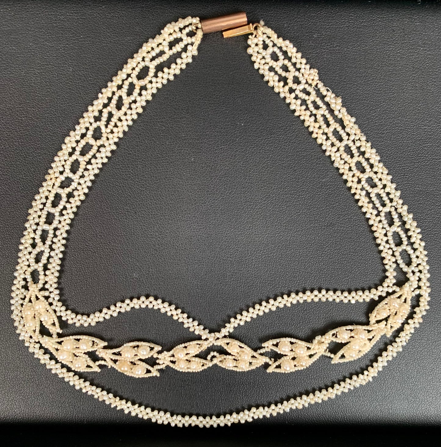 Antique 9K, Seed Pearl & Mother of Pearl Weddingwork Necklace
