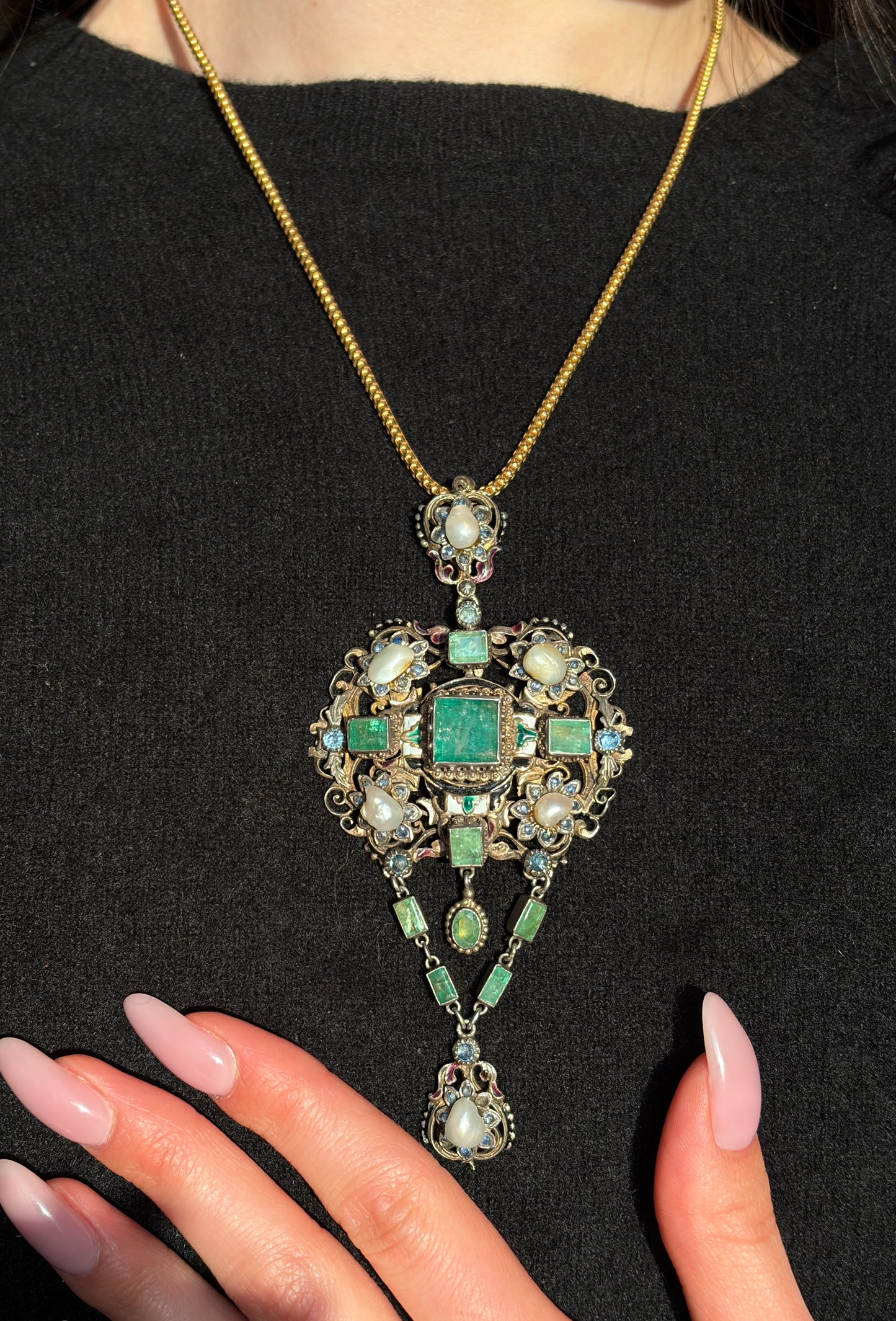 Sold Antique Austro-Hungarian Silver, Emerald, Sapphire & Pearl Pendant