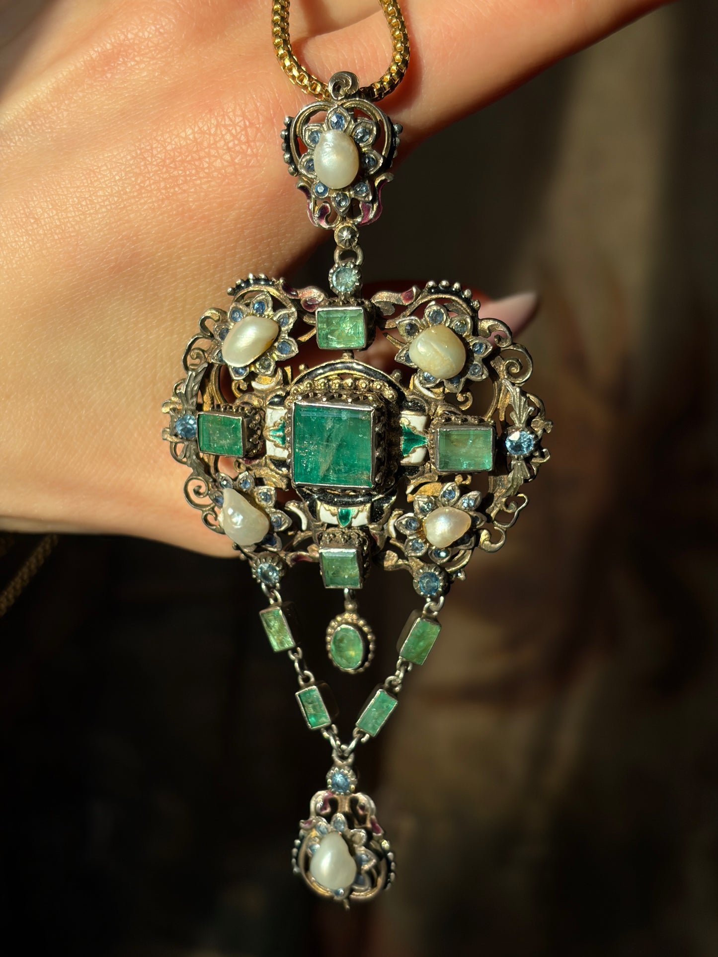 Sold Antique Austro-Hungarian Silver, Emerald, Sapphire & Pearl Pendant