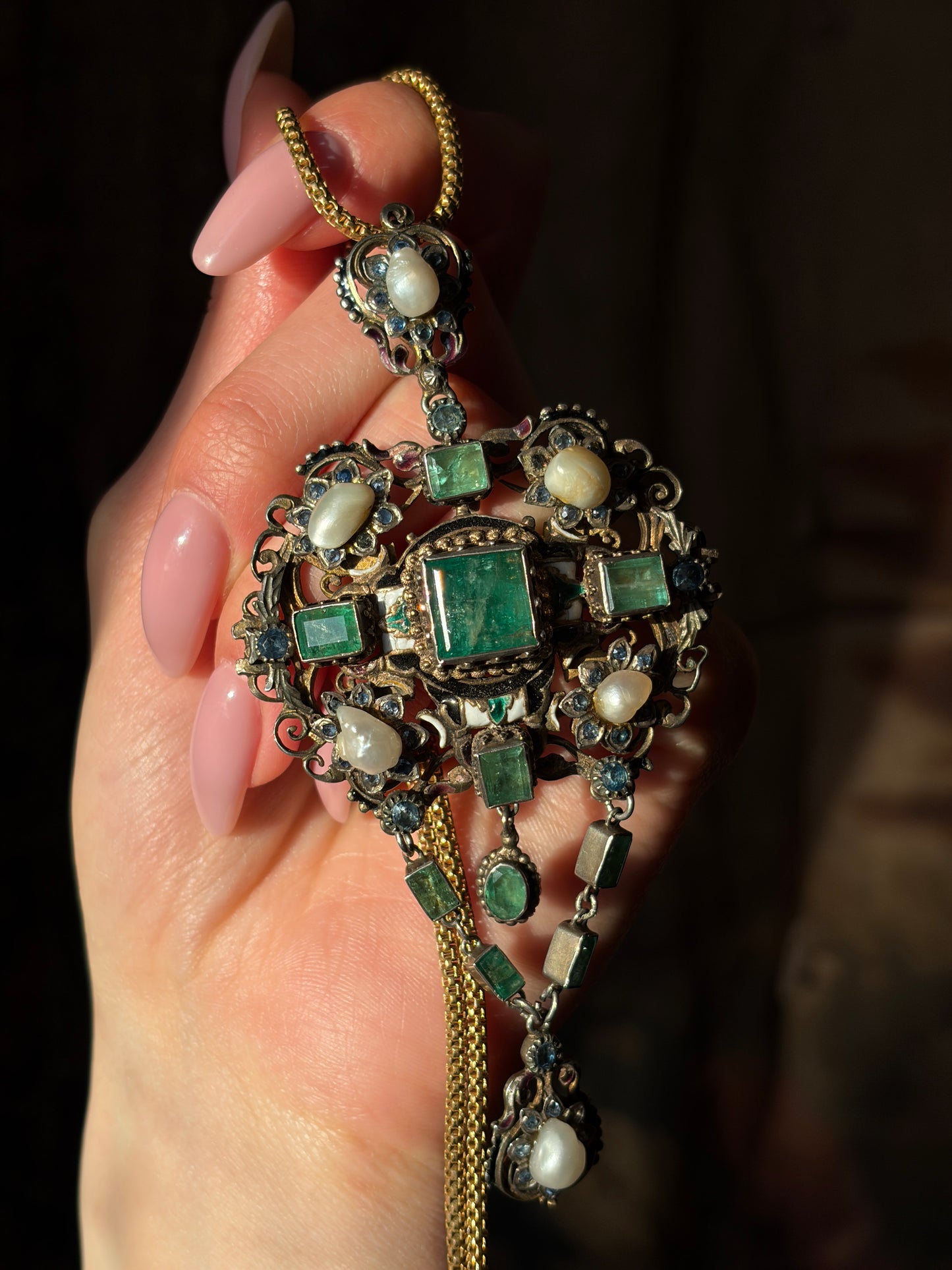 Sold Antique Austro-Hungarian Silver, Emerald, Sapphire & Pearl Pendant