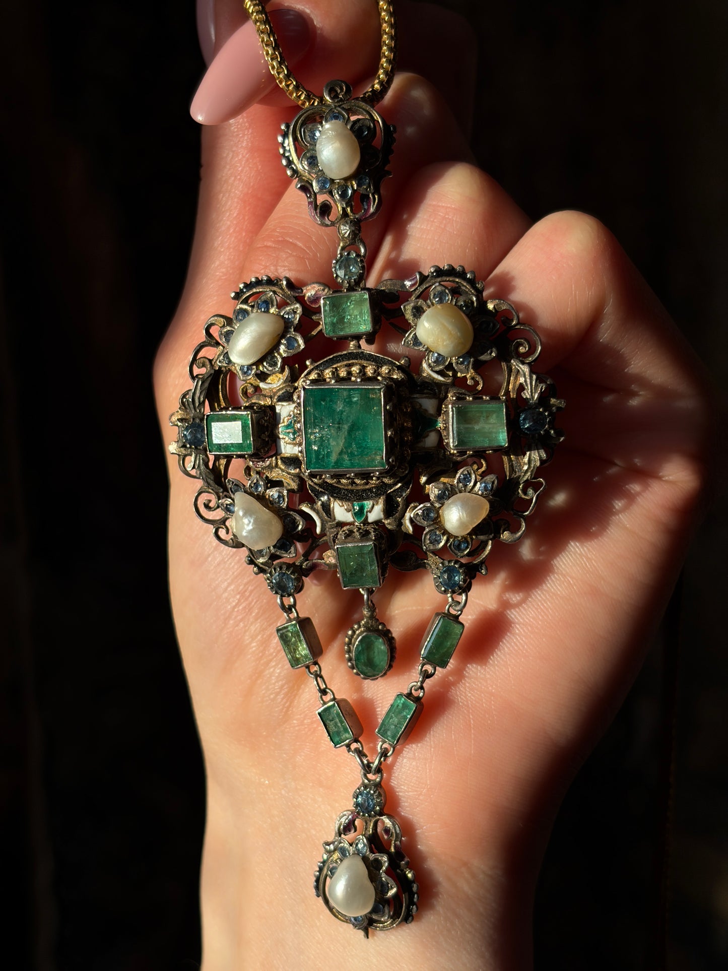 Sold Antique Austro-Hungarian Silver, Emerald, Sapphire & Pearl Pendant