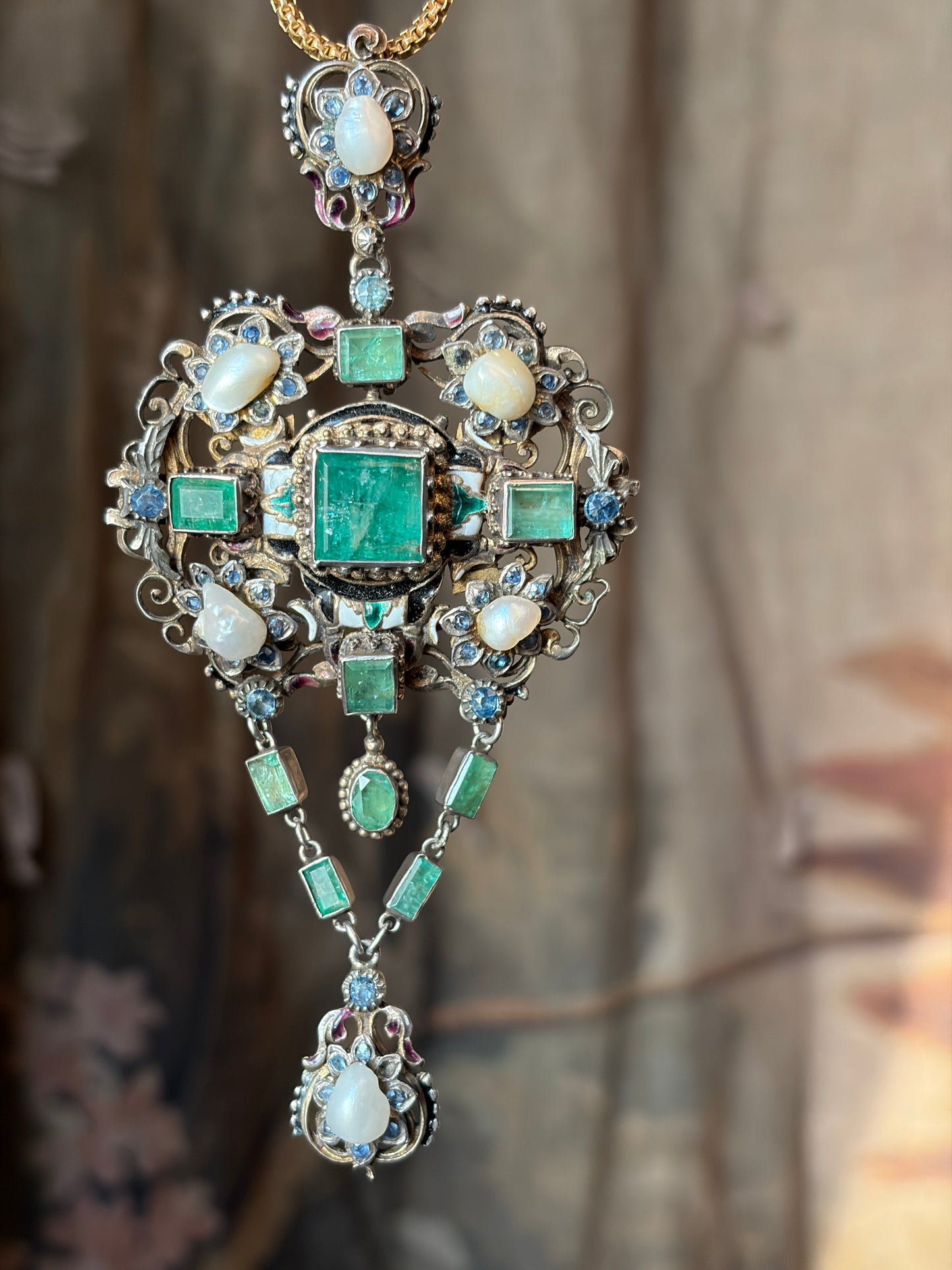 Sold Antique Austro-Hungarian Silver, Emerald, Sapphire & Pearl Pendant