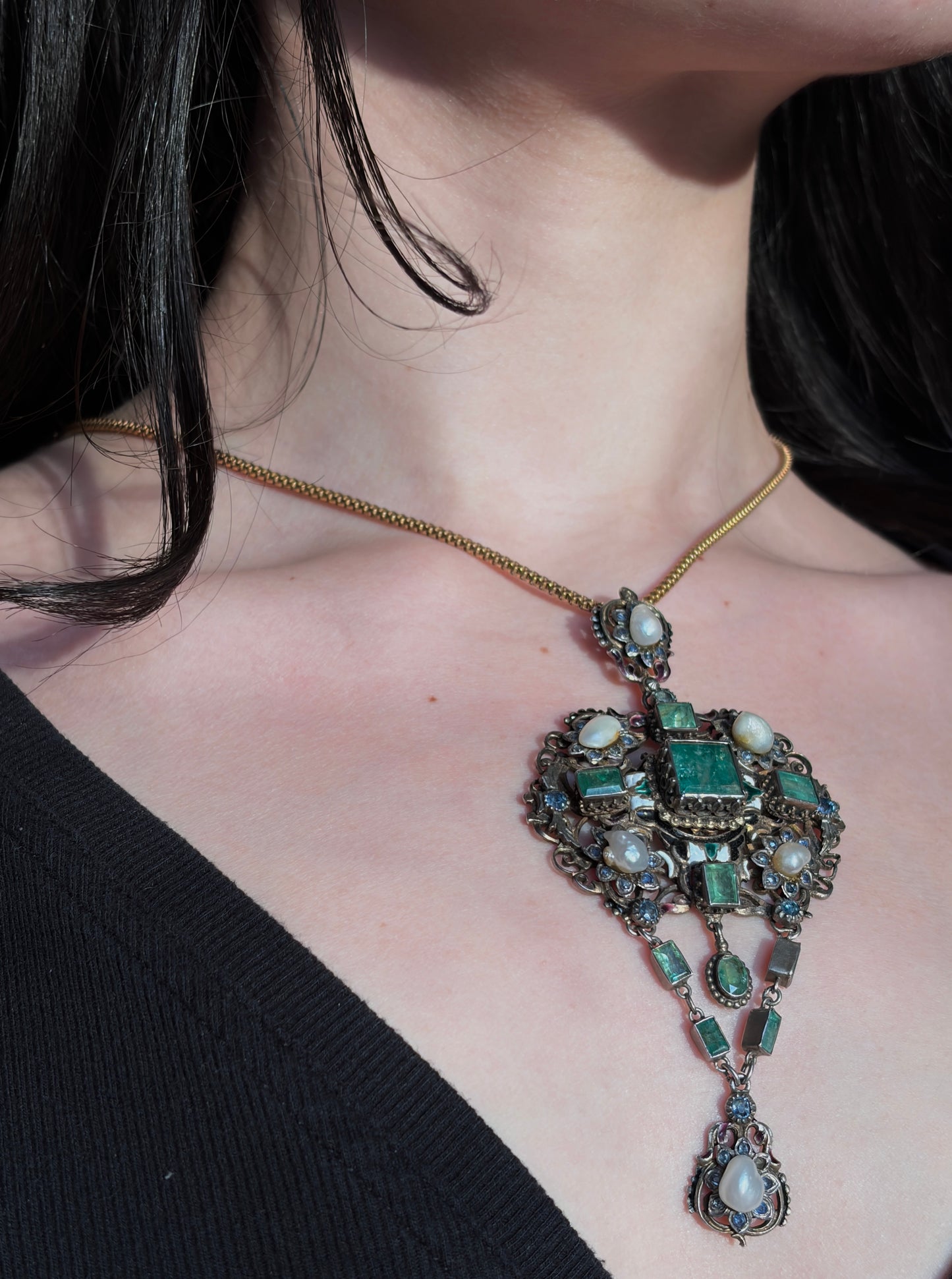 Sold Antique Austro-Hungarian Silver, Emerald, Sapphire & Pearl Pendant