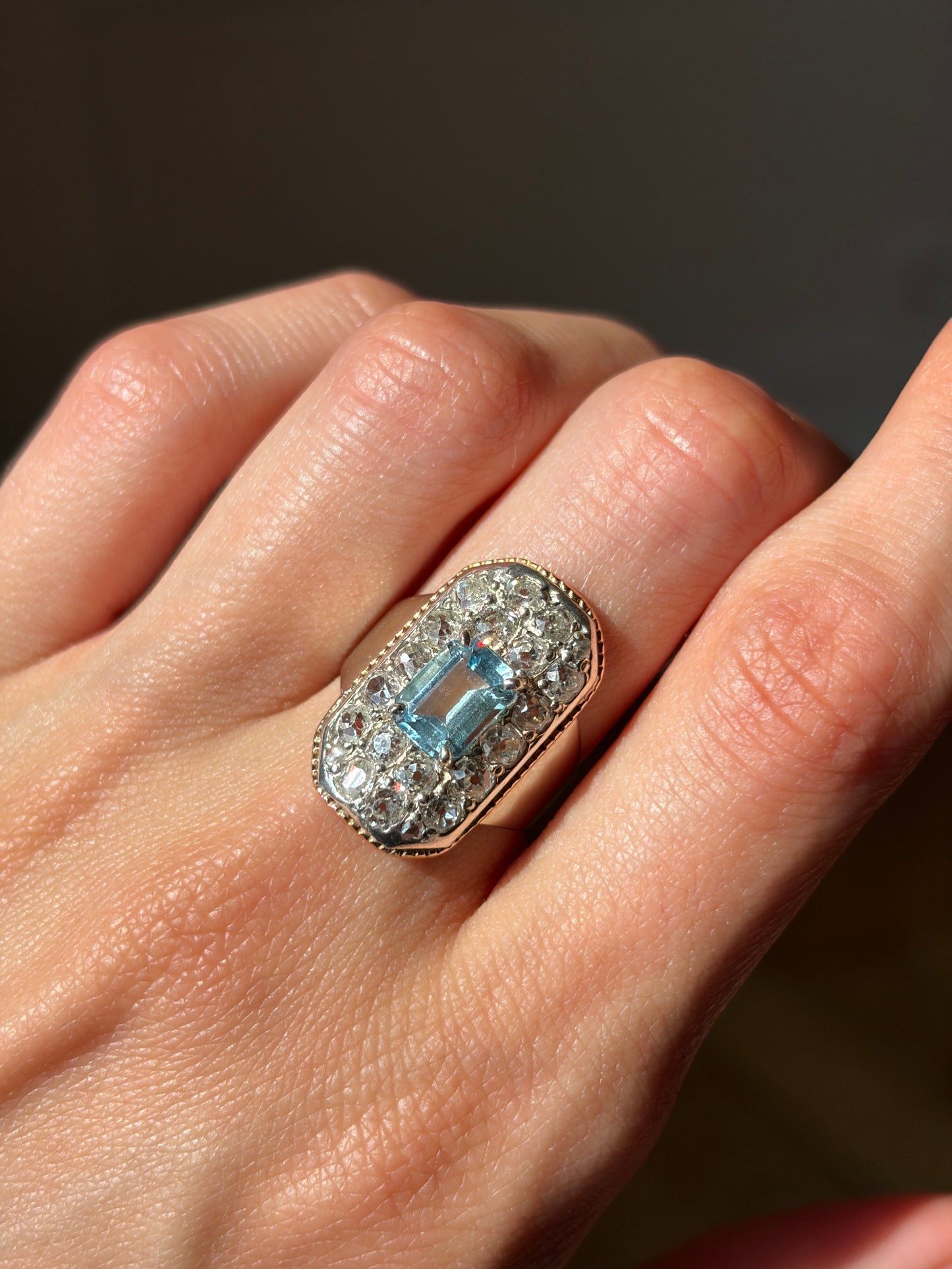 Vintage Art Deco Rococo Revival 18K, Diamond & Aquamarine Plaque Ring