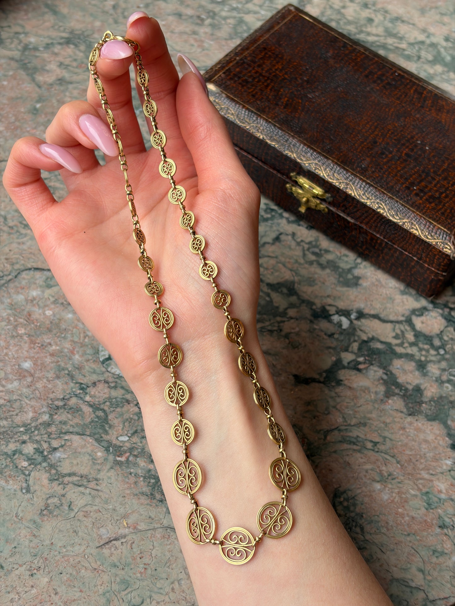 Antique French 18K Filigree Link Chain Necklace