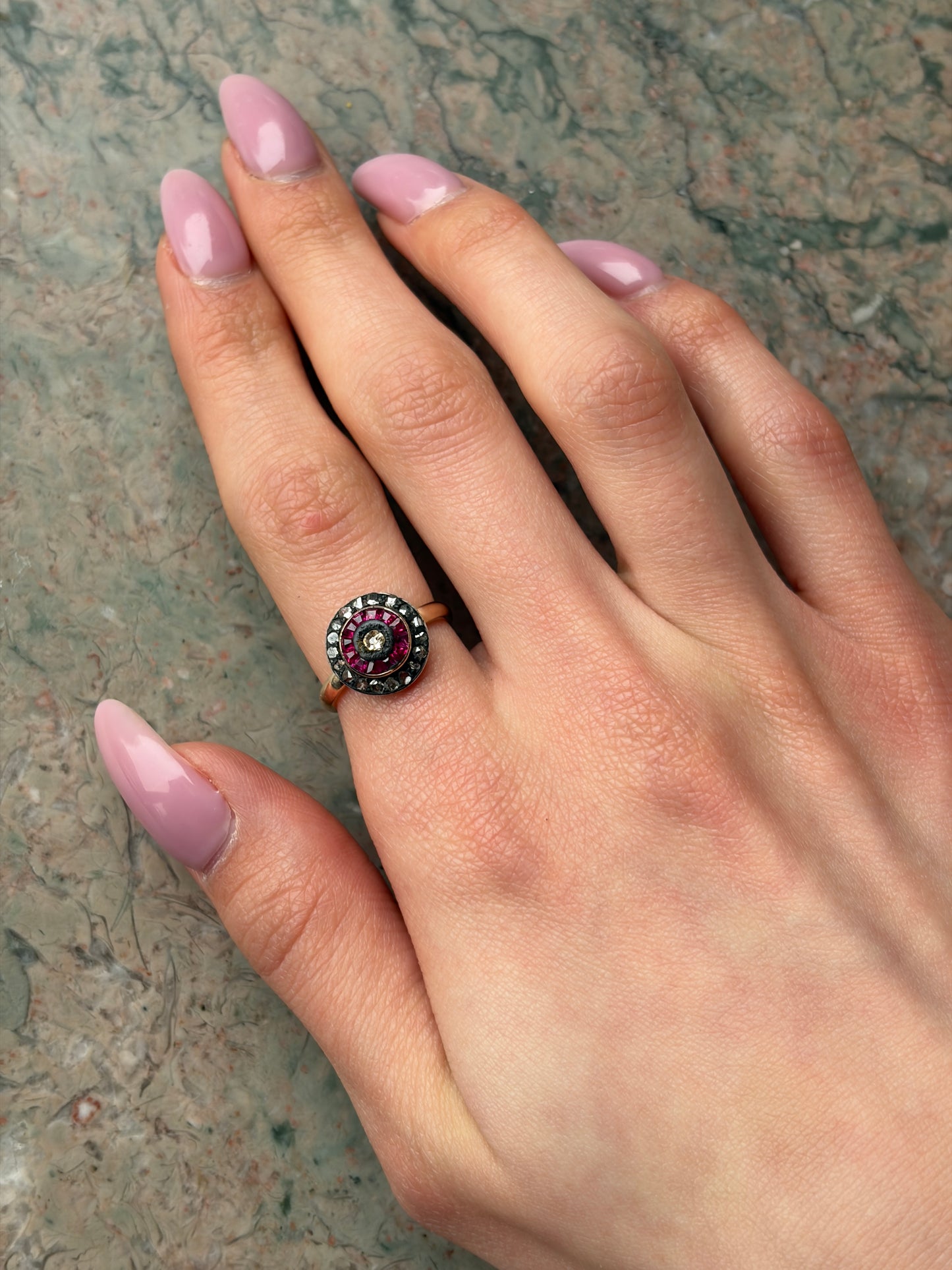 Antique Art Deco 14K, Silver, Diamond & Ruby Target Conversion Ring