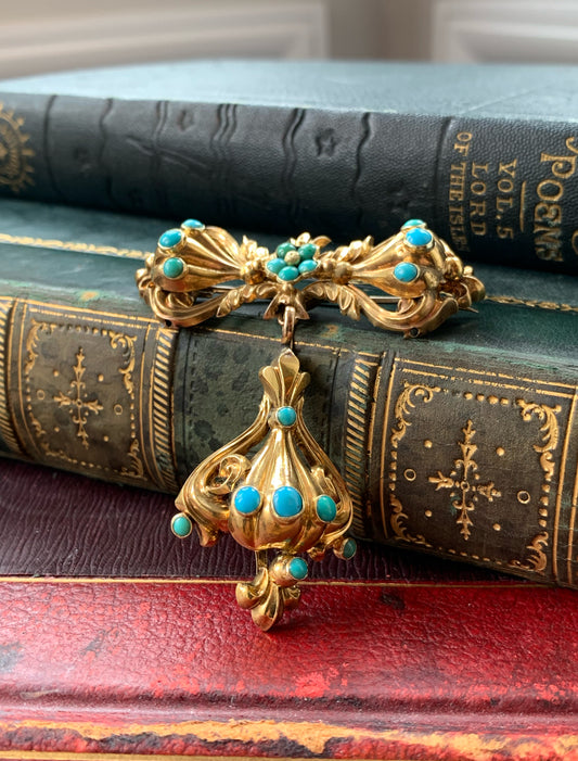 Antique 15K, Turquoise & Seed Pearl Bow Brooch
