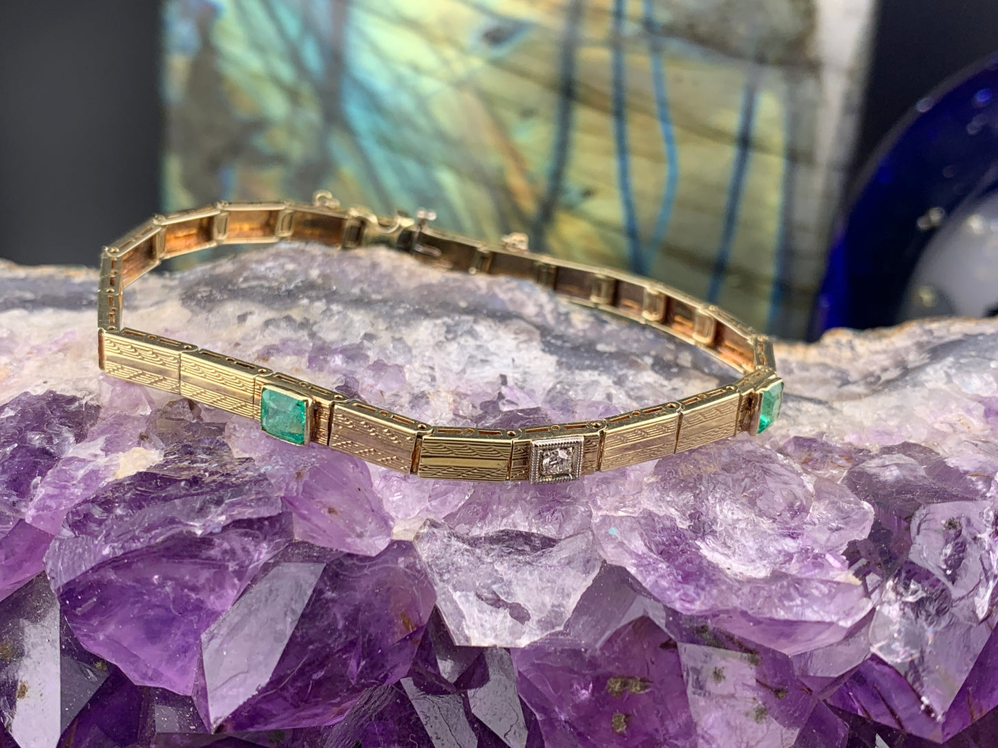 Vintage 14K, Diamond & Emerald Bracelet