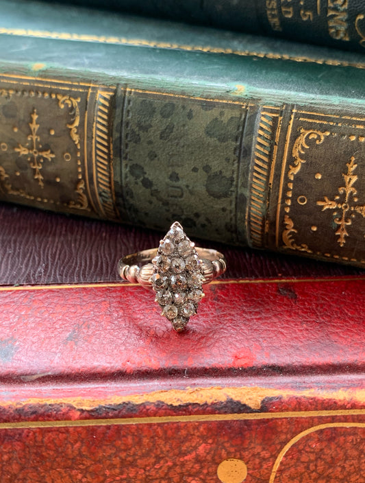 Antique 18K, Silver & Diamond Navette Dinner Ring