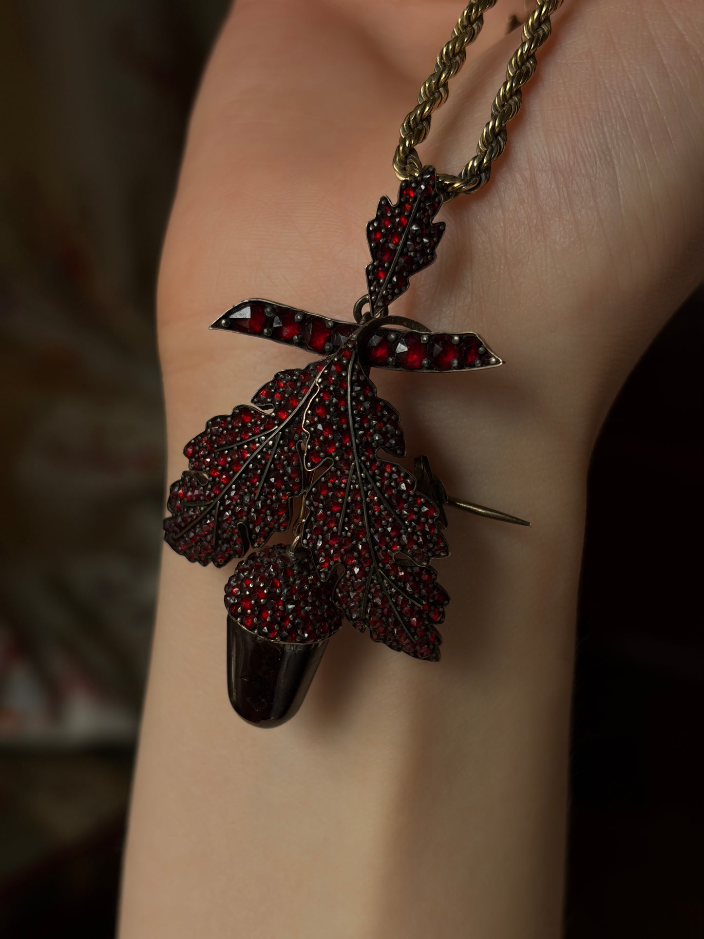 Antique 18K, Silver & Bohemian Garnet Acorn Demi-Parure