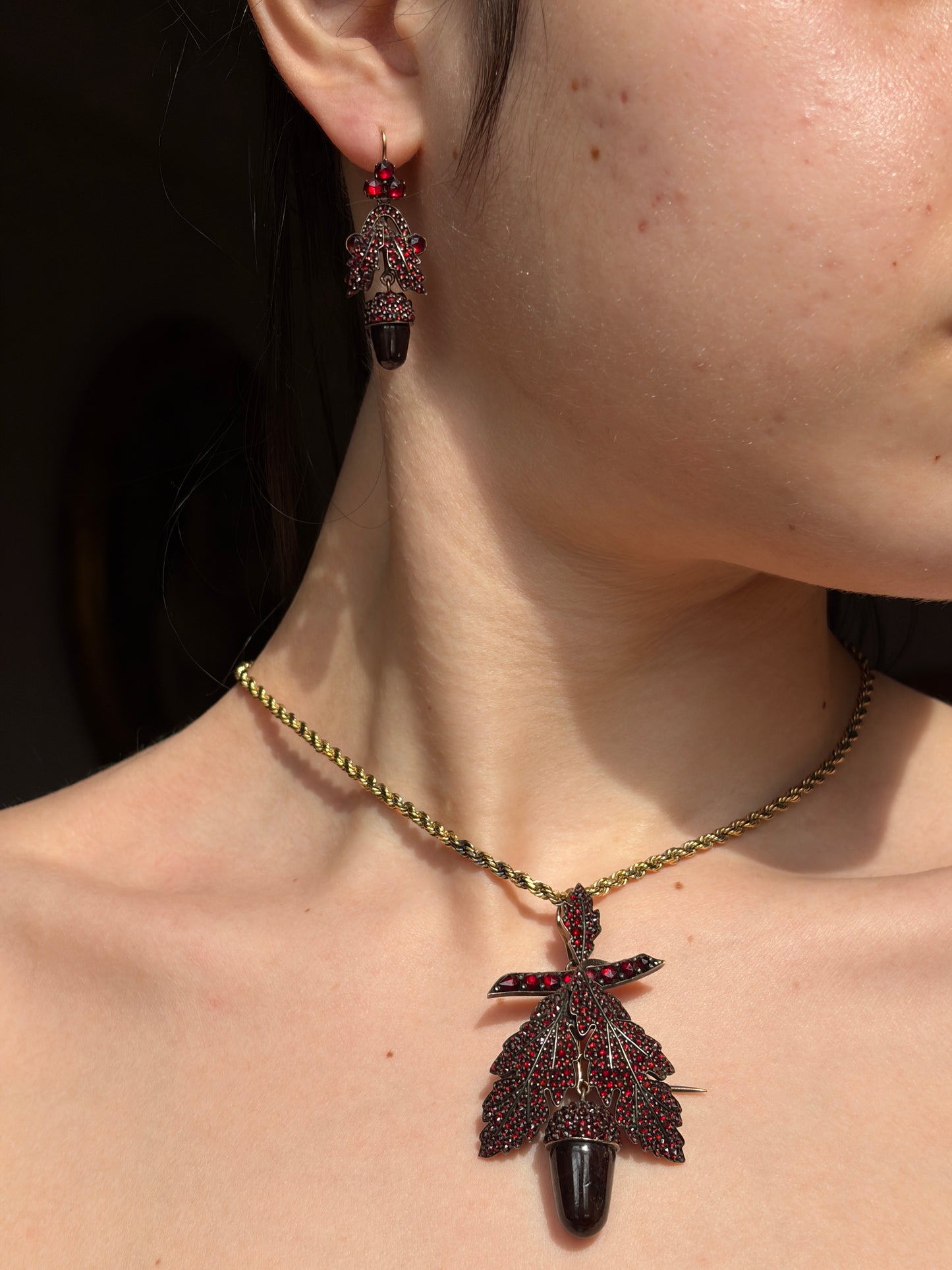 Antique 18K, Silver & Bohemian Garnet Acorn Demi-Parure