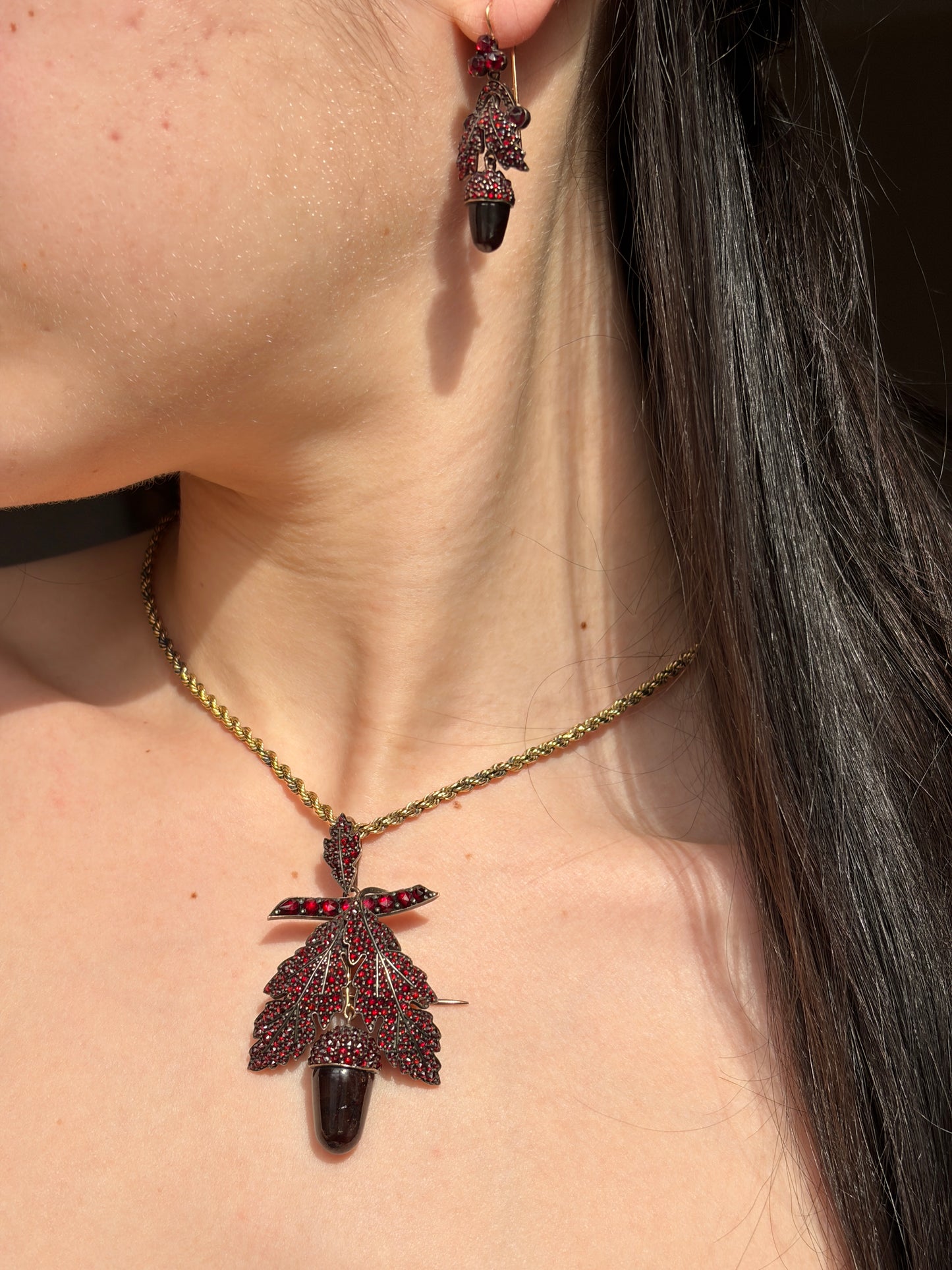 Antique 18K, Silver & Bohemian Garnet Acorn Demi-Parure
