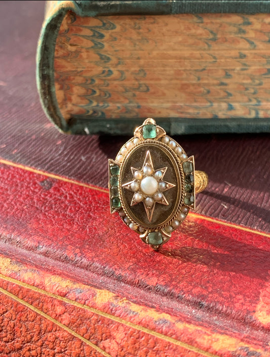 Antique 18K, Emerald & Pearl Celestial Ring
