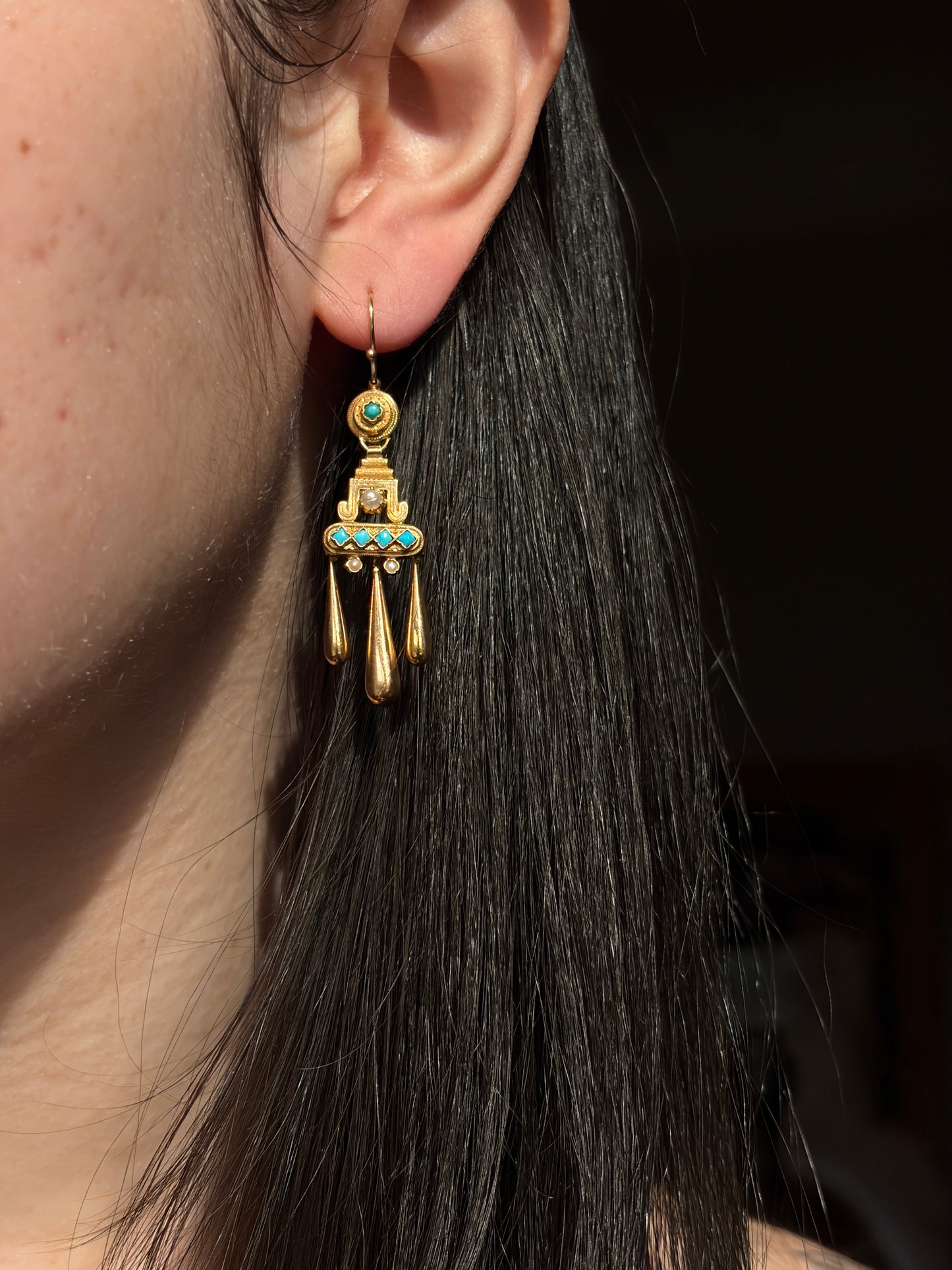 Antique Archaeological Revival French 18K, Turquoise & Seed Pearl Earrings