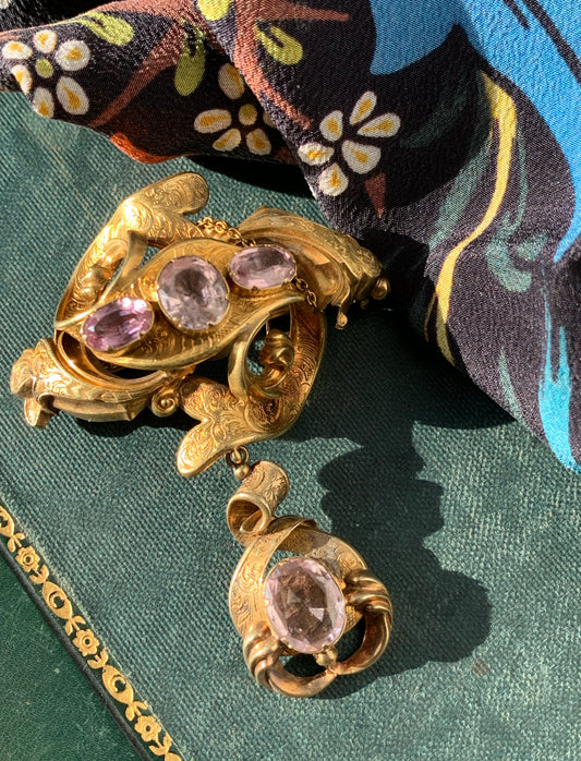 Antique Archeological Revival 15K & Pink Topaz Brooch