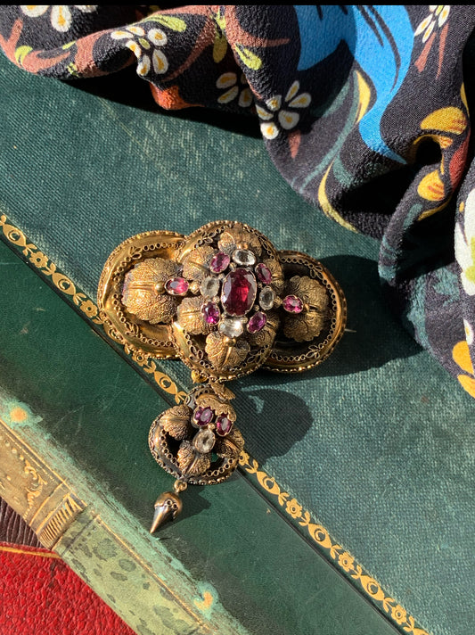 Antique Archeological Revival 14K, Tourmaline & Chrysoprase Brooch