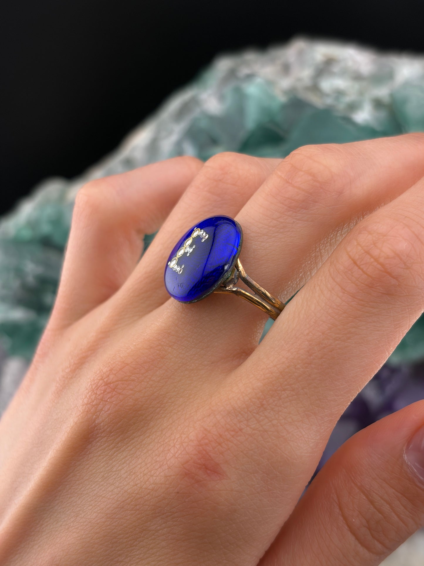 Antique 14K, Seed Pearl & Enamel 'E' Conversion Ring
