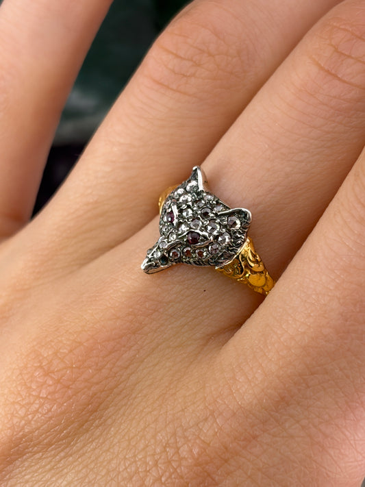 Antique 12K, Diamond & Ruby Fox Ring