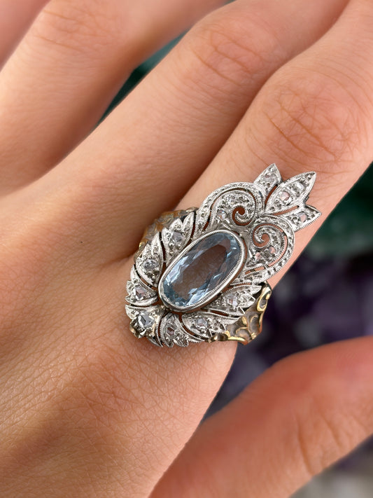 Art Deco Platinum, 14K, Diamond & Aquamarine Conversion Ring