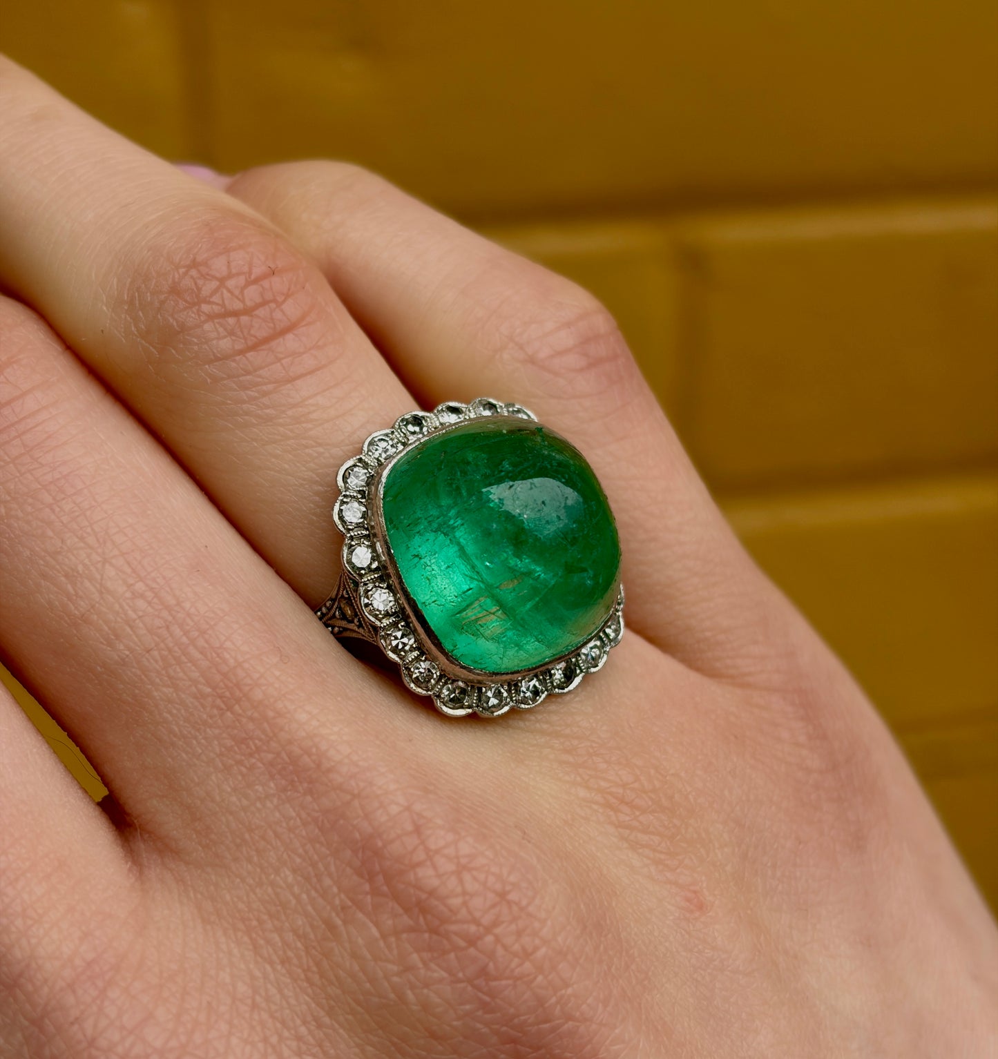 Antique Platinum, Diamond & Brazilian Emerald Cocktail Ring