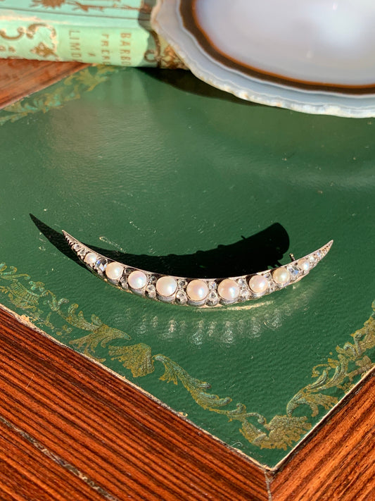 Antique 15K, Diamond & Pearl Crescent Brooch