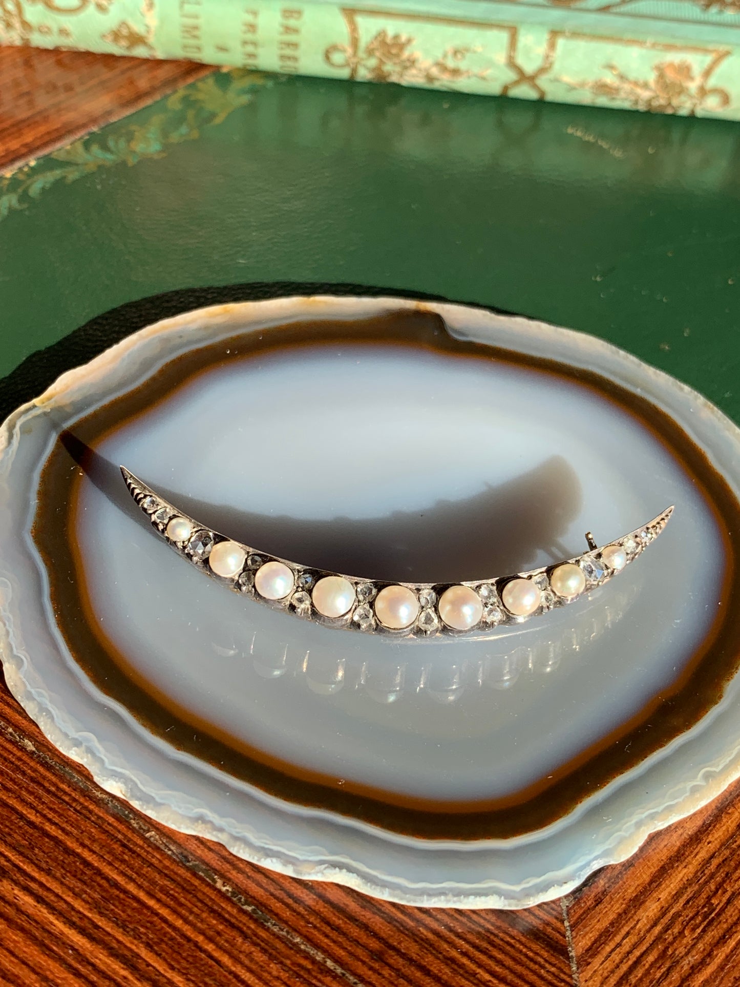 Antique 15K, Diamond & Pearl Crescent Brooch