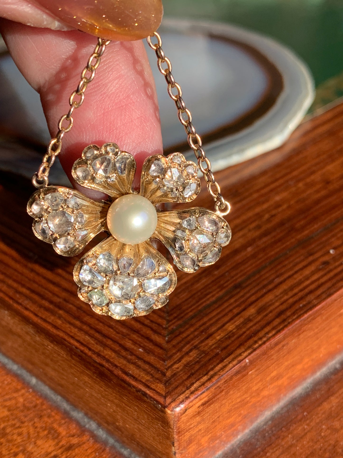 Antique Victorian English 15K, Diamond & Pearl Pansy Pendant