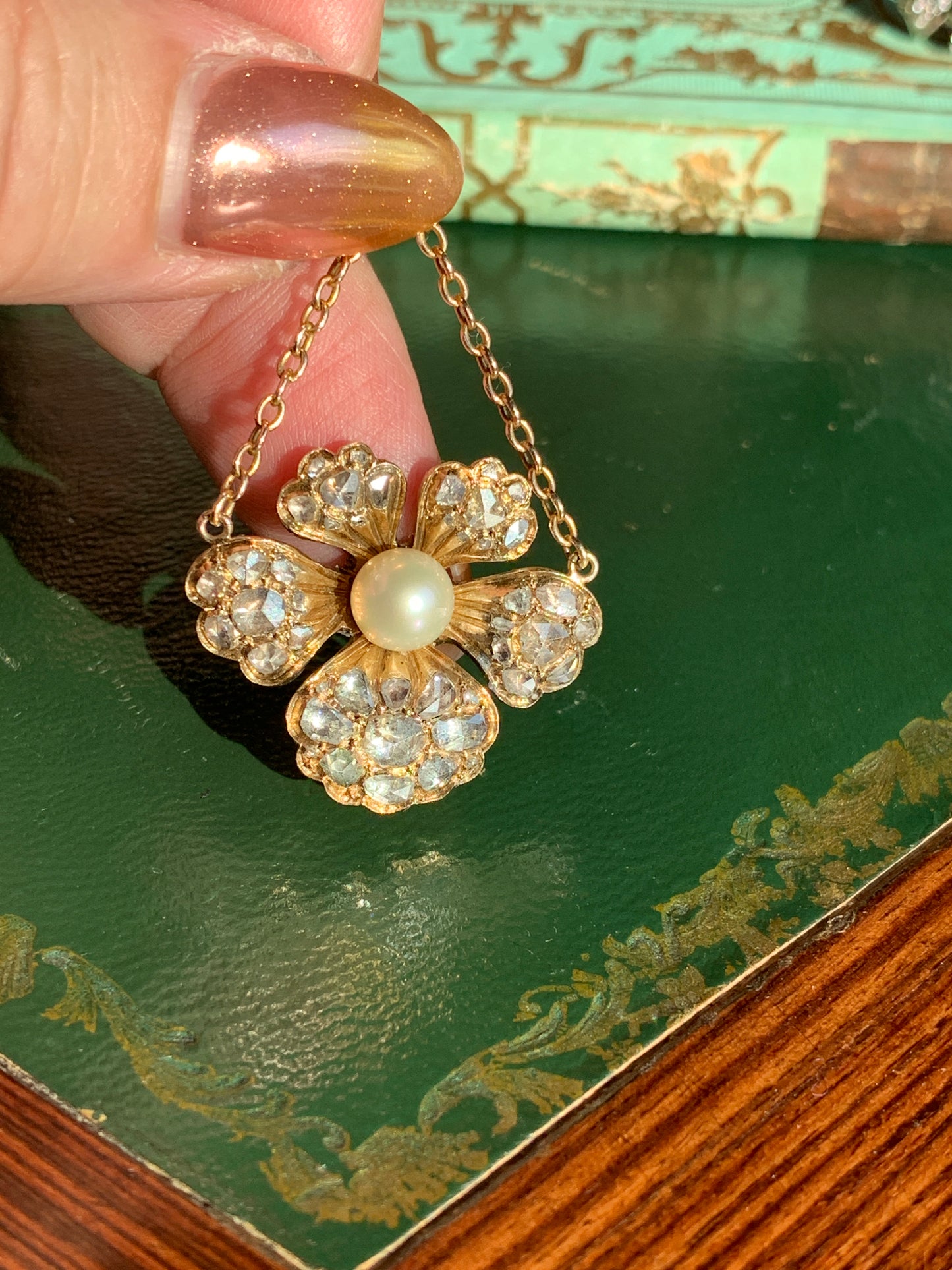 Antique Victorian English 15K, Diamond & Pearl Pansy Pendant
