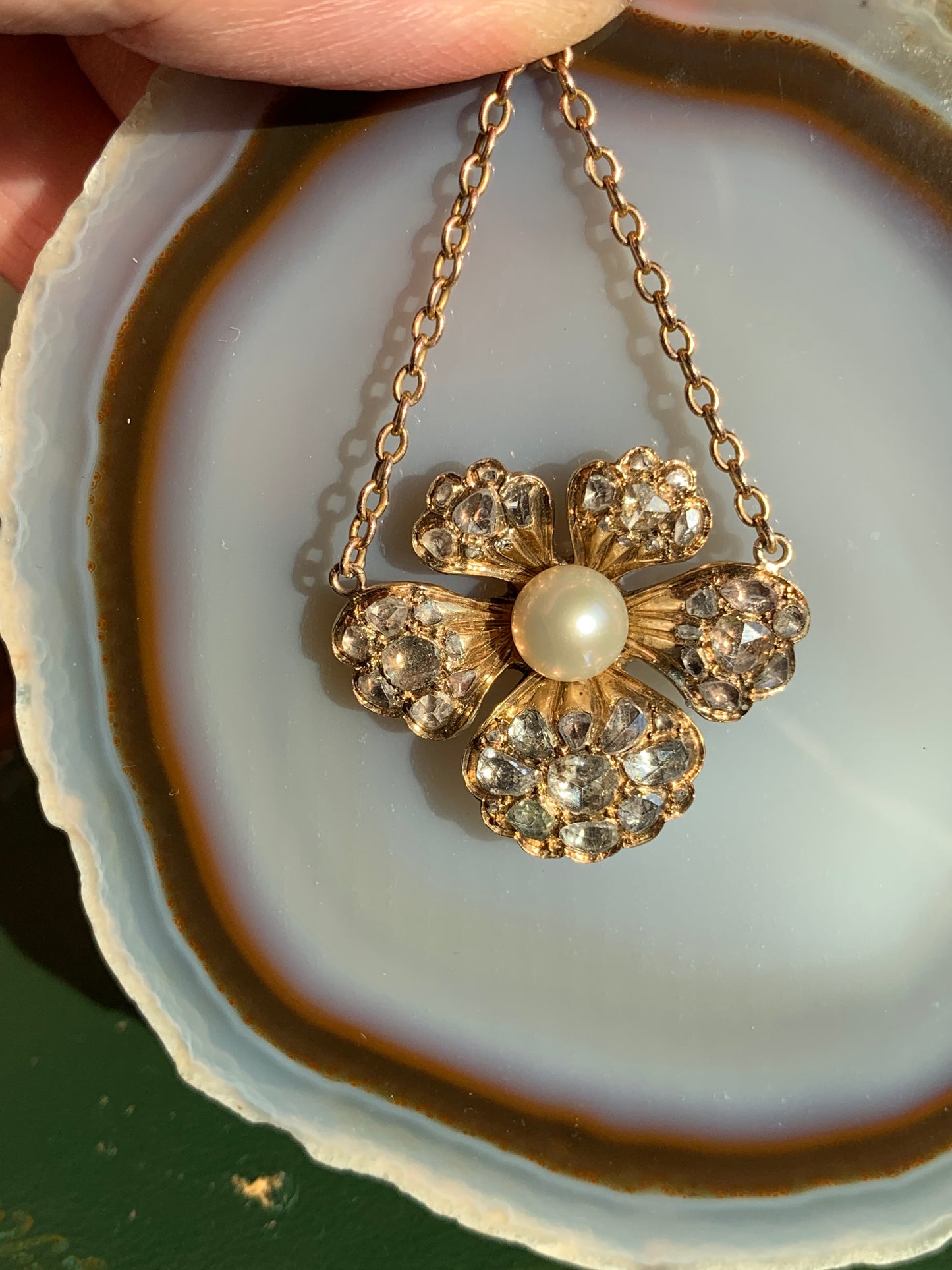 Antique Victorian English 15K, Diamond & Pearl Pansy Pendant