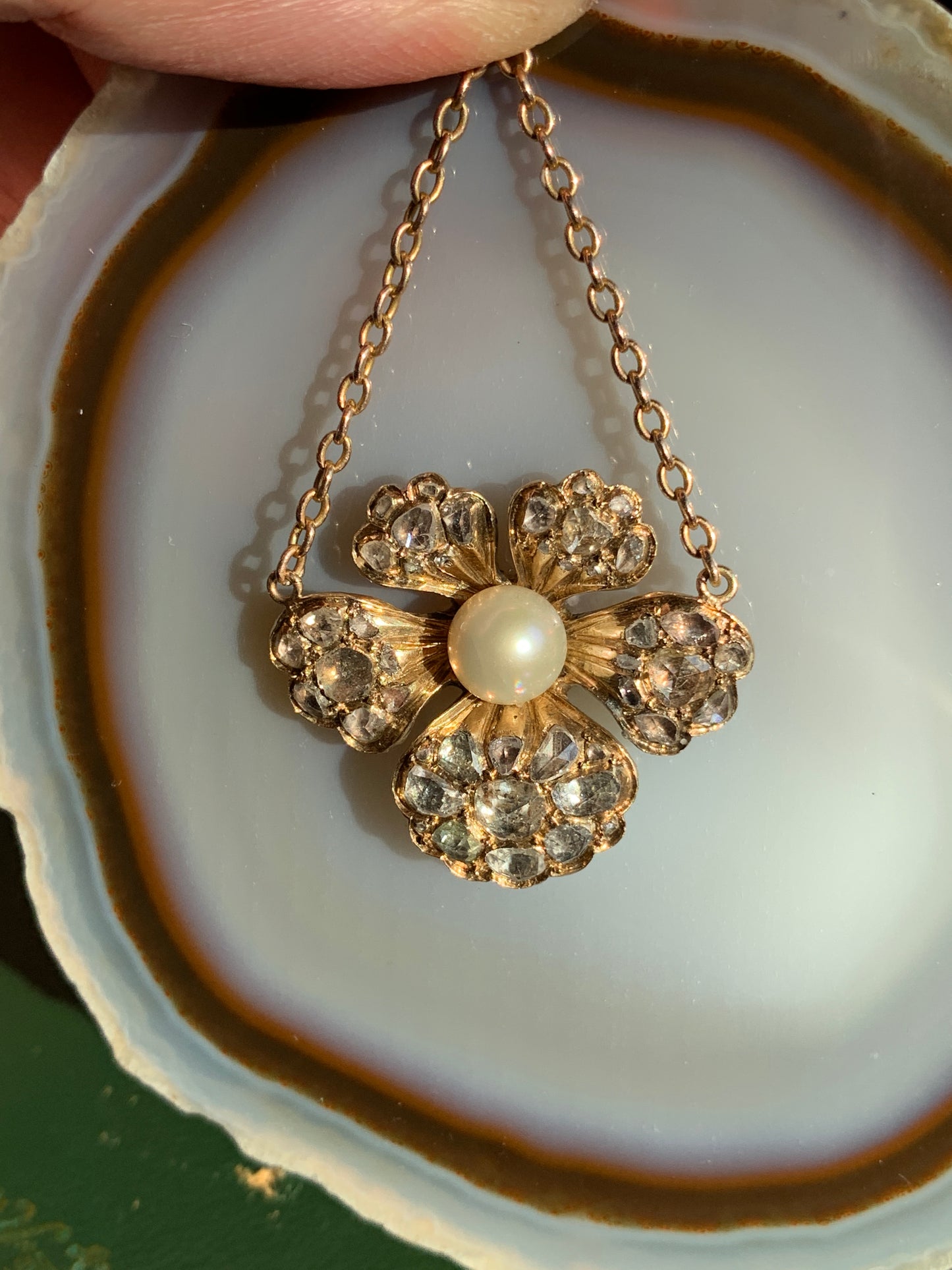 Antique Victorian English 15K, Diamond & Pearl Pansy Pendant