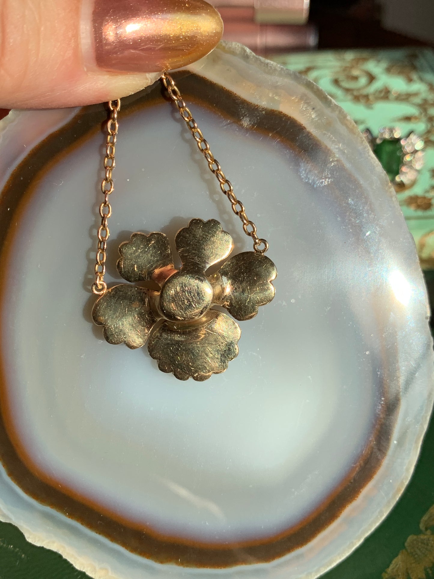 Antique Victorian English 15K, Diamond & Pearl Pansy Pendant