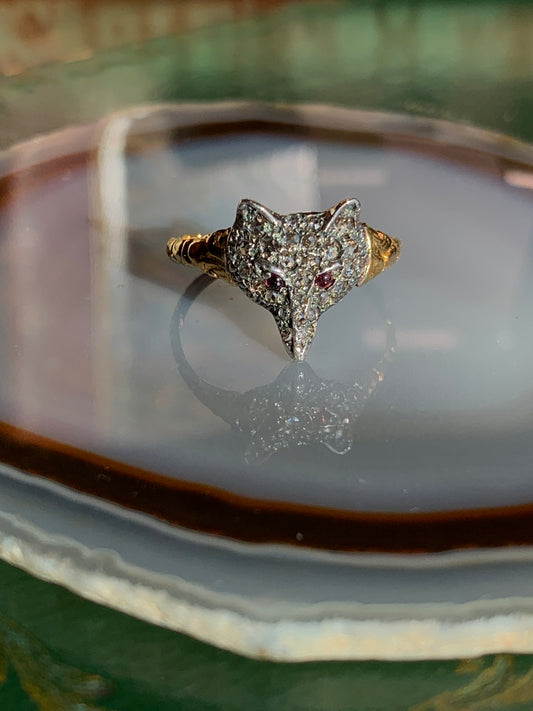 Antique 12K, Diamond & Ruby Fox Ring