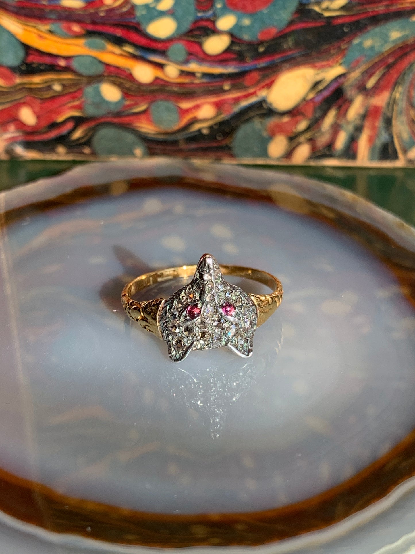 Antique 12K, Diamond & Ruby Fox Ring