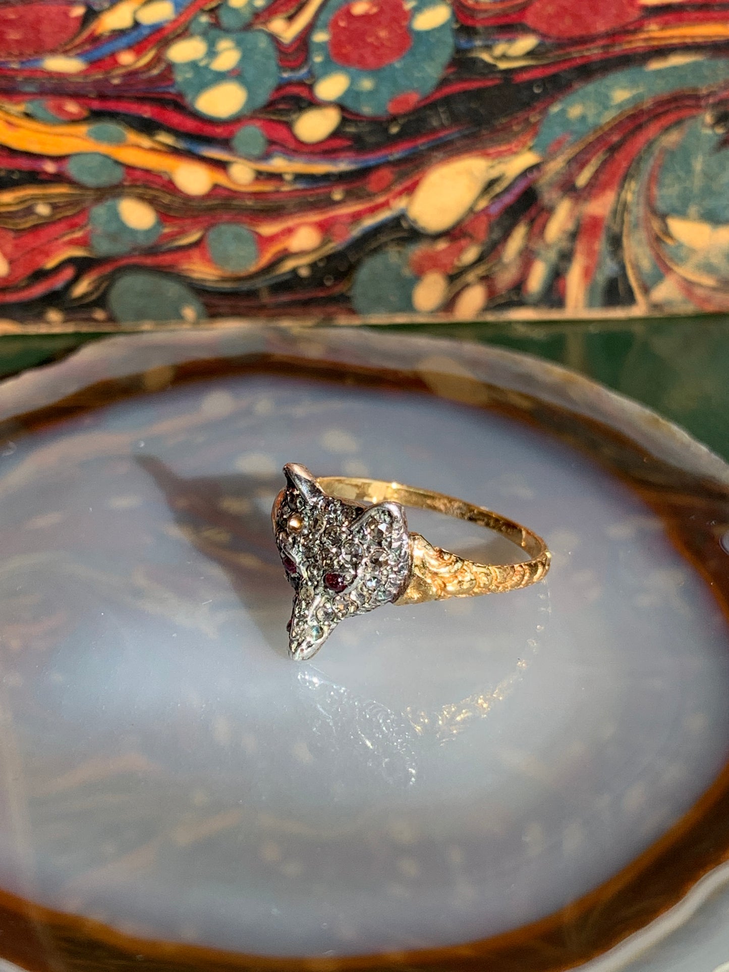 Antique 12K, Diamond & Ruby Fox Ring