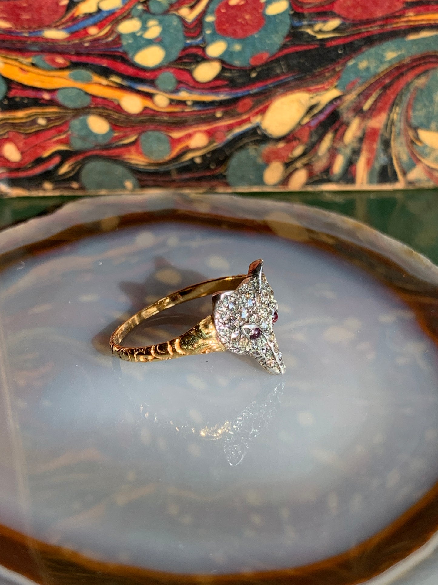 Antique 12K, Diamond & Ruby Fox Ring