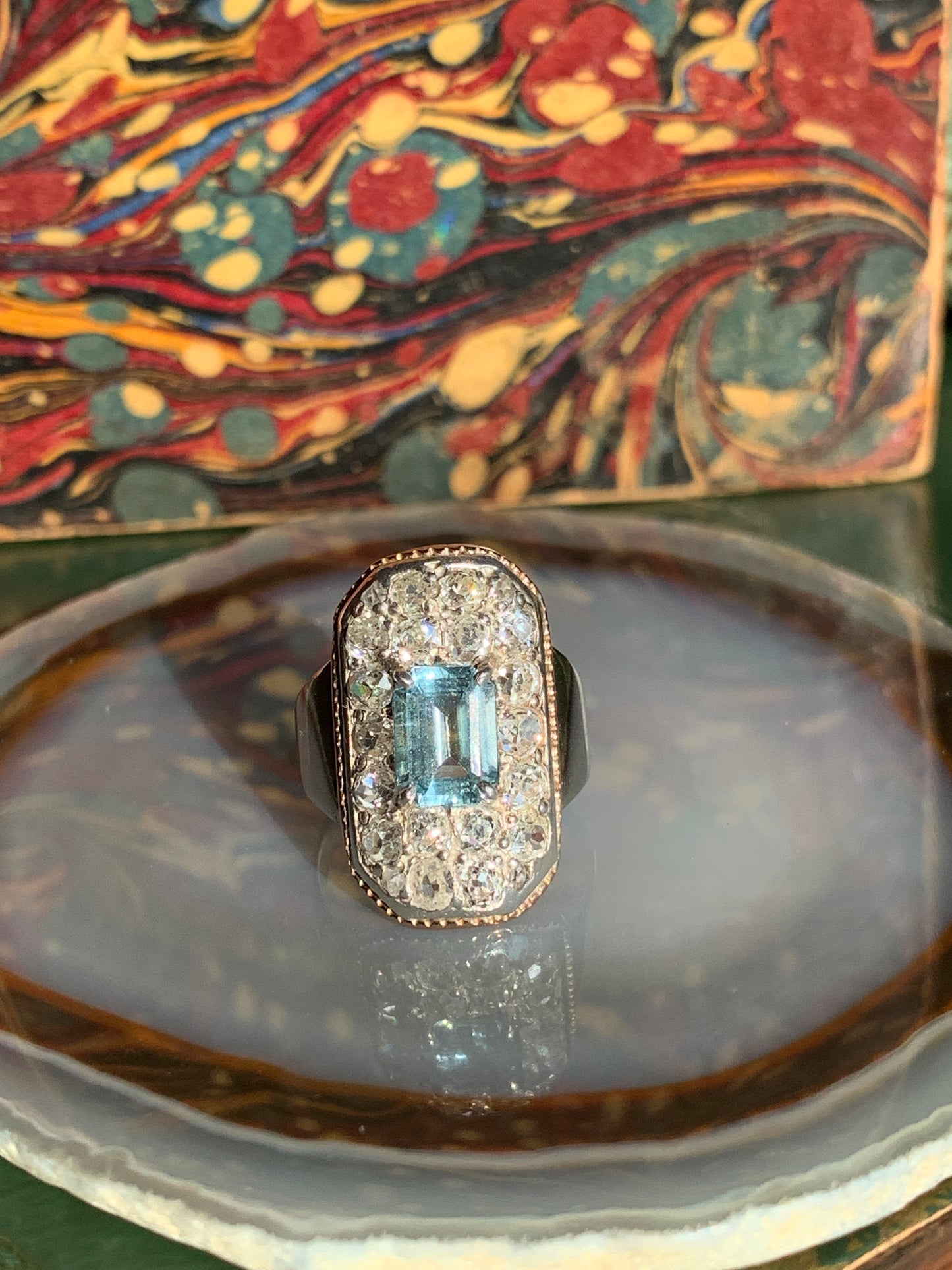 Vintage Art Deco Rococo Revival 18K, Diamond & Aquamarine Plaque Ring
